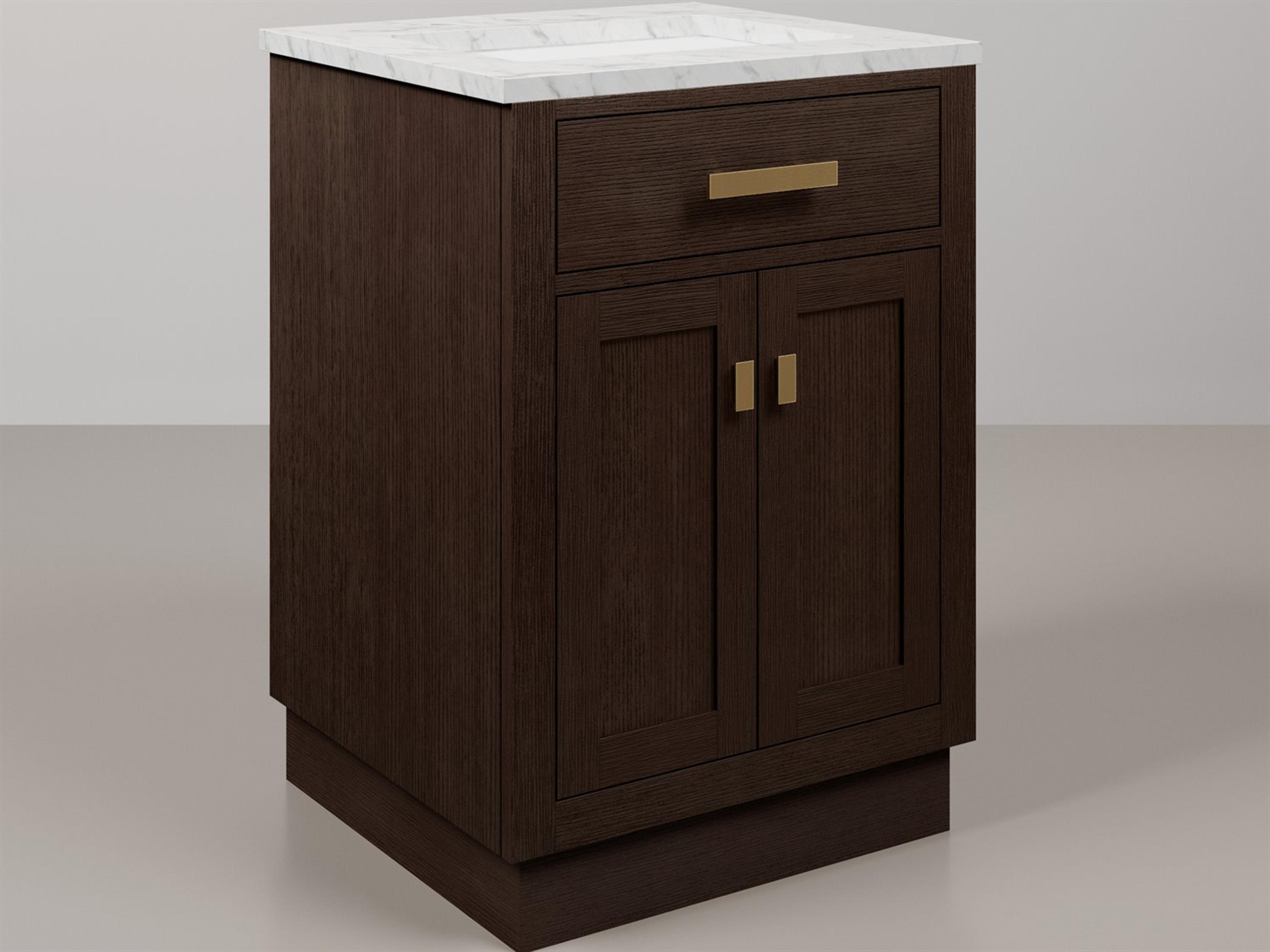 Water Creation Chestnut Single Sink Carrara White Marble Countertop Bath Vanity In Brown Oak with Satin Gold Hardware and Rectangular Mirror (S)