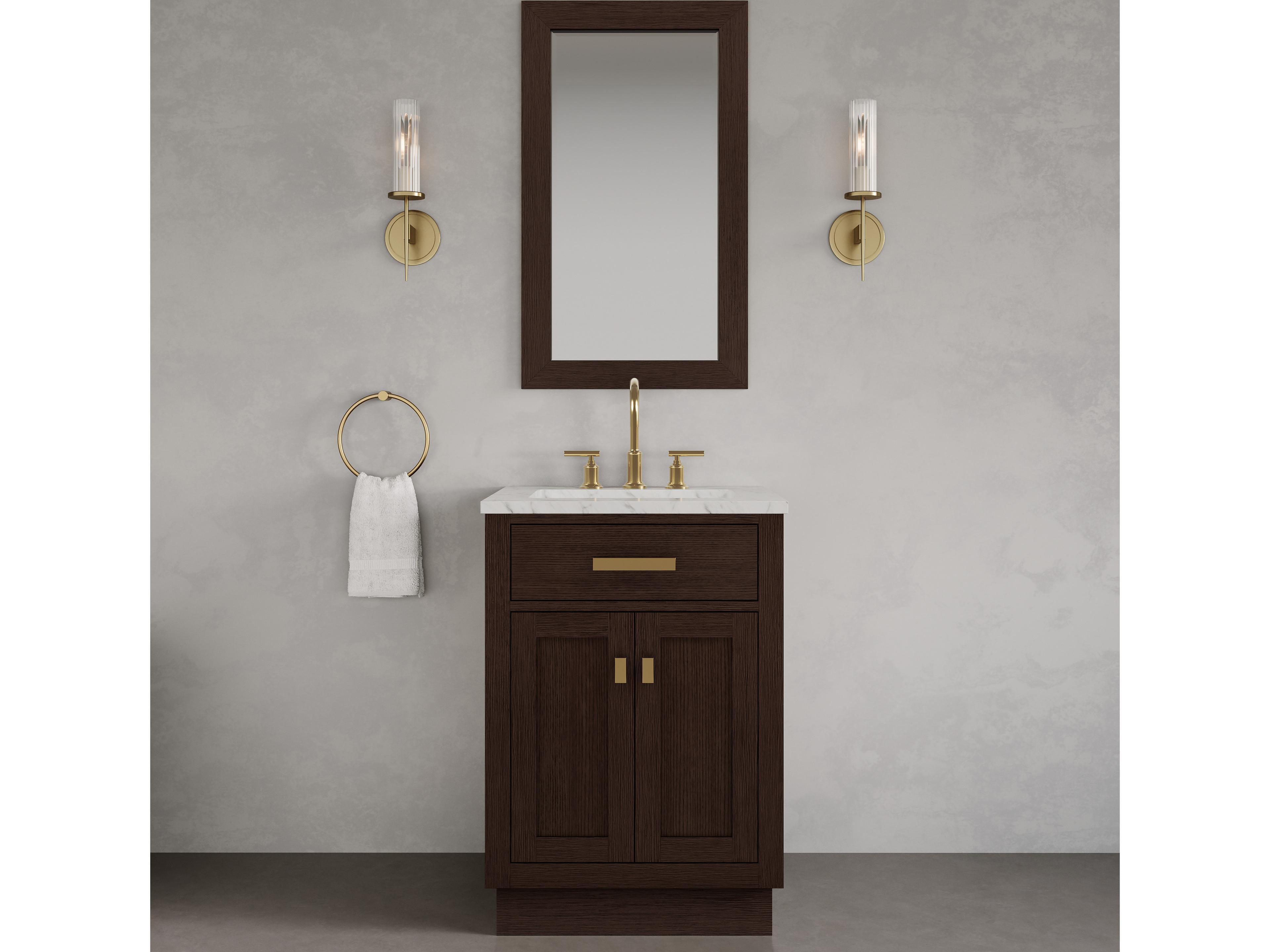 Water Creation Chestnut Single Sink Carrara White Marble Countertop Bath Vanity In Brown Oak with Satin Gold Hardware, Gooseneck Faucet and Rectangular Mirror (S)