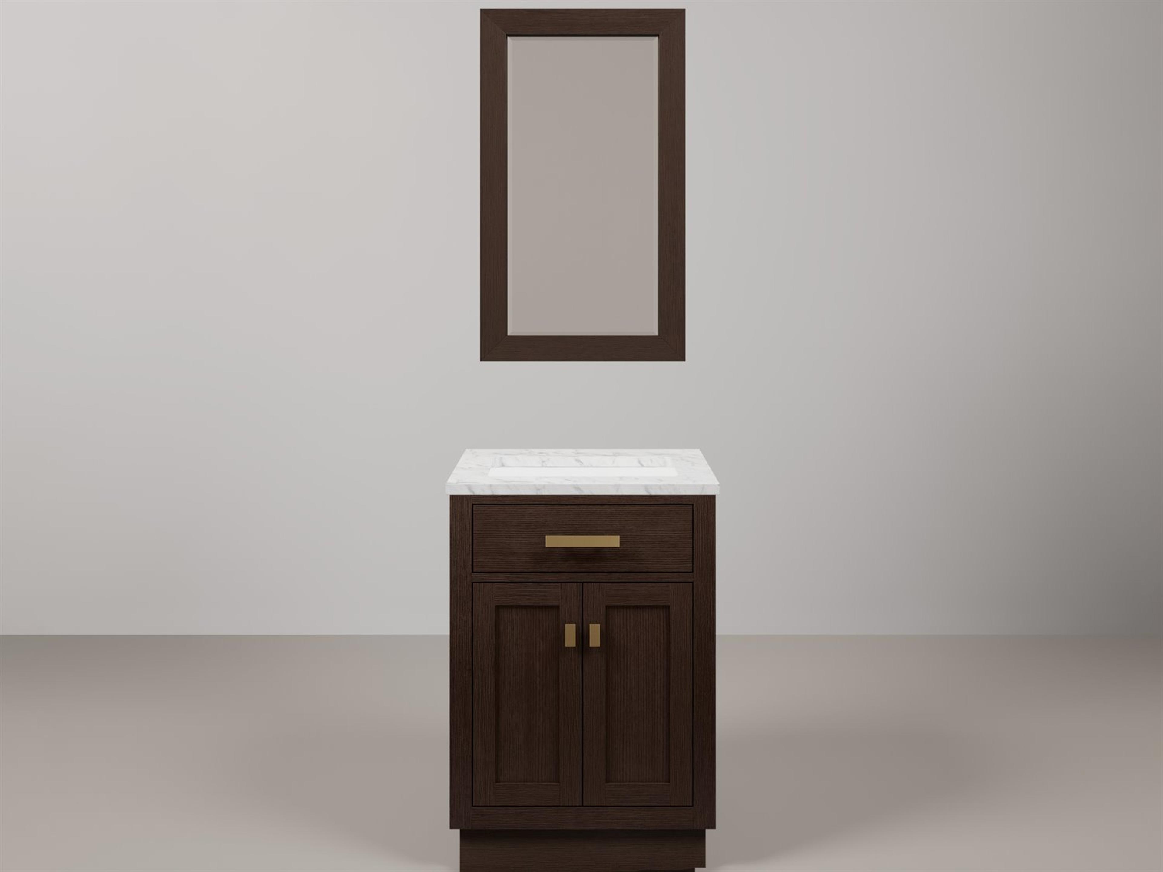 Chestnut Single Sink Carrara White Marble Countertop Bath Vanity In Brown Oak with Satin Gold Hardware, Gooseneck Faucet and Rectangular Mirror (S)