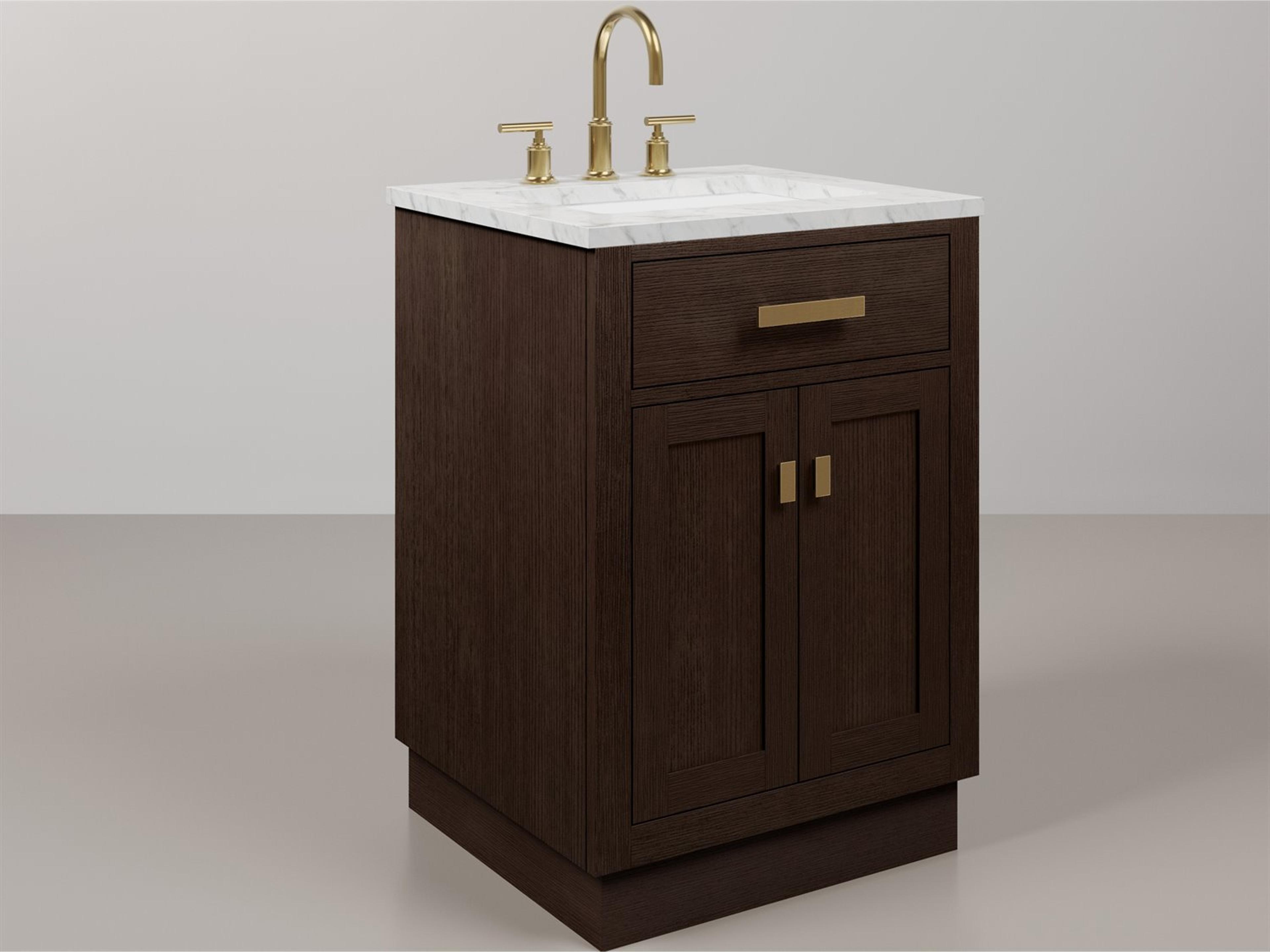 Water Creation Chestnut Single Sink Carrara White Marble Countertop Bath Vanity In Brown Oak with Satin Gold Hardware, Gooseneck Faucet and Rectangular Mirror (S)