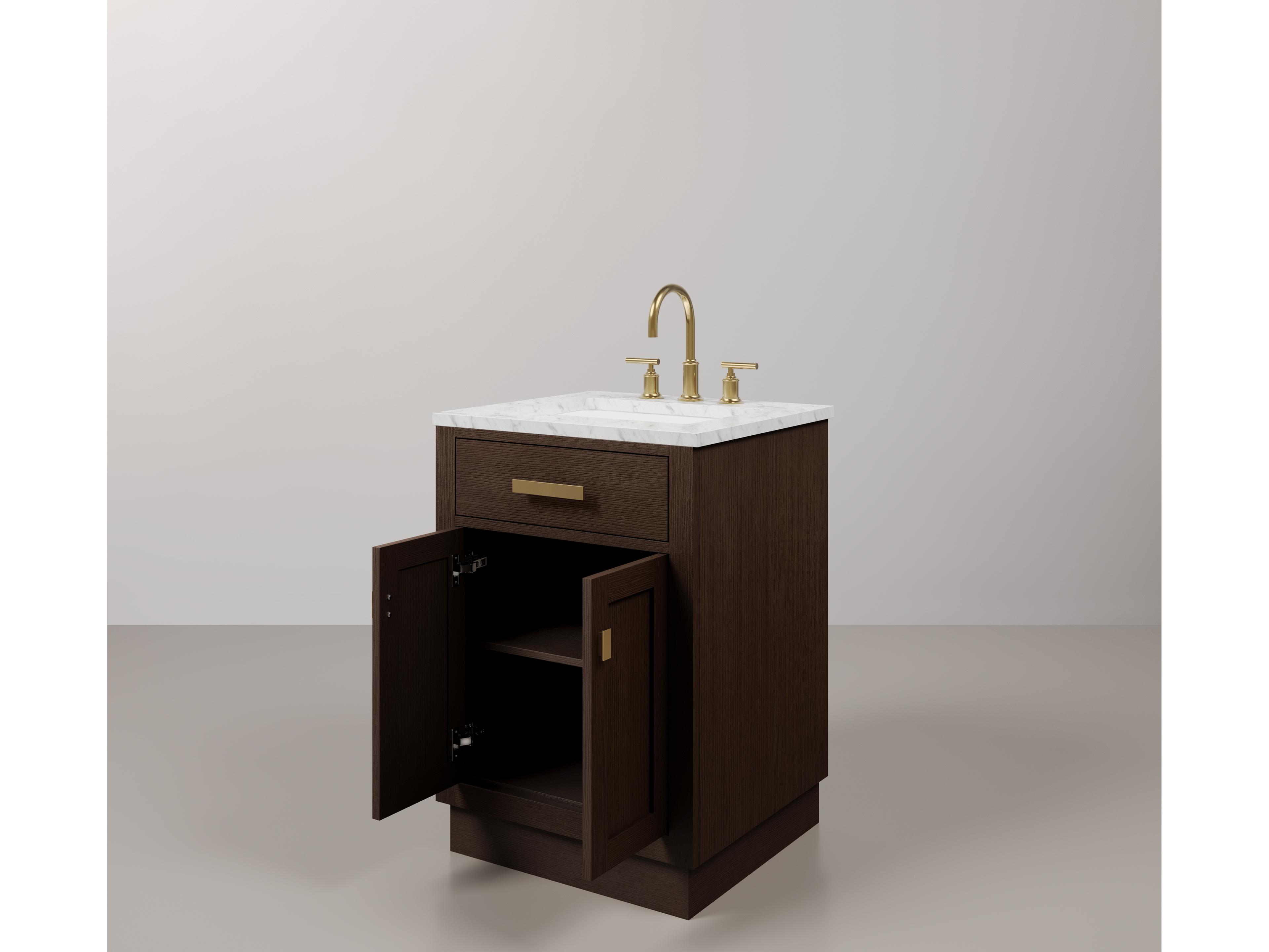 Water Creation Chestnut Single Sink Carrara White Marble Countertop Bath Vanity In Brown Oak with Satin Gold Hardware, Gooseneck Faucet and Rectangular Mirror (S)