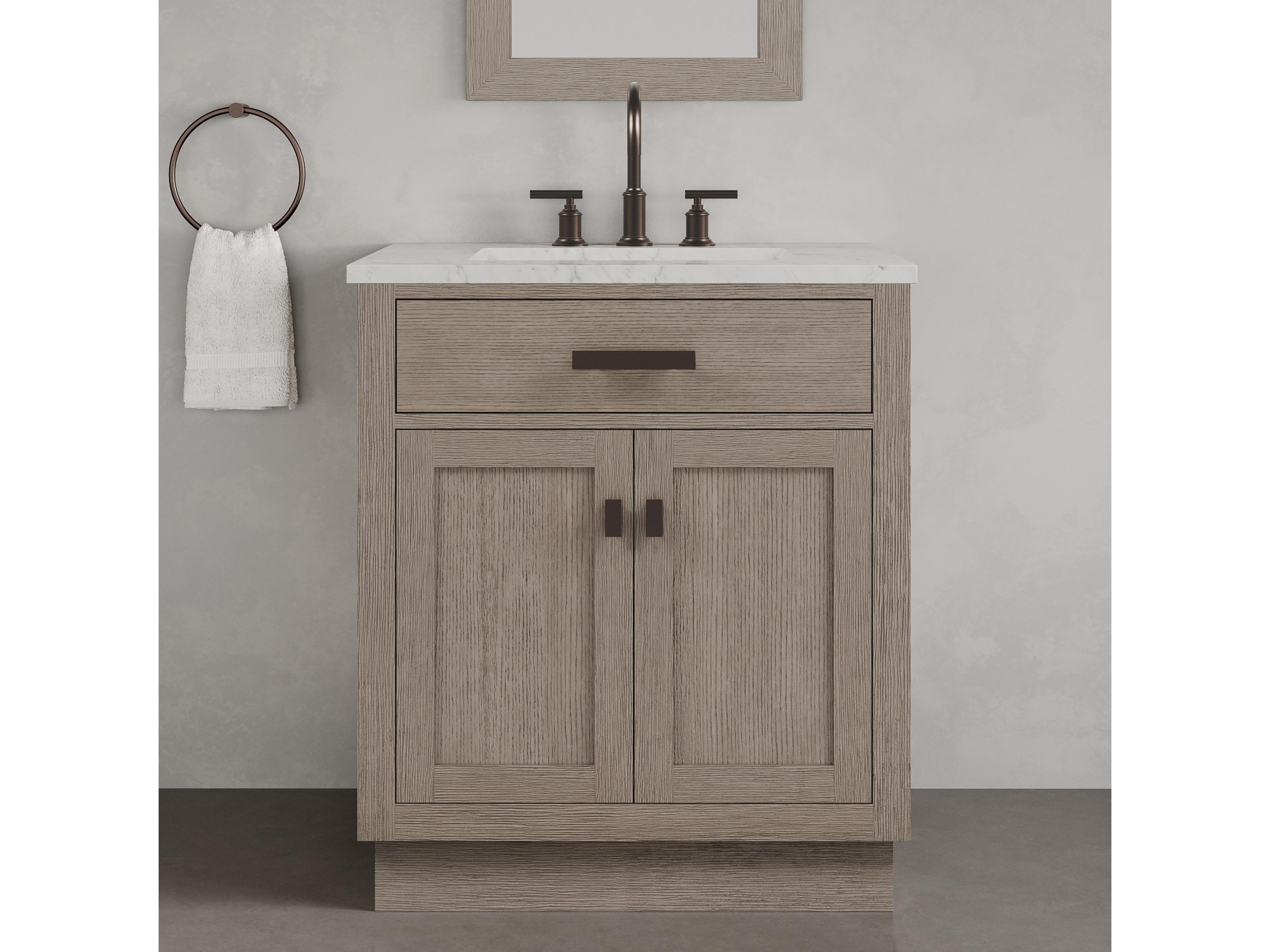 Water Creation Chestnut Single Sink Carrara White Marble Countertop Bath Vanity In Grey Oak with Oil Rubbed Bronze Hardware