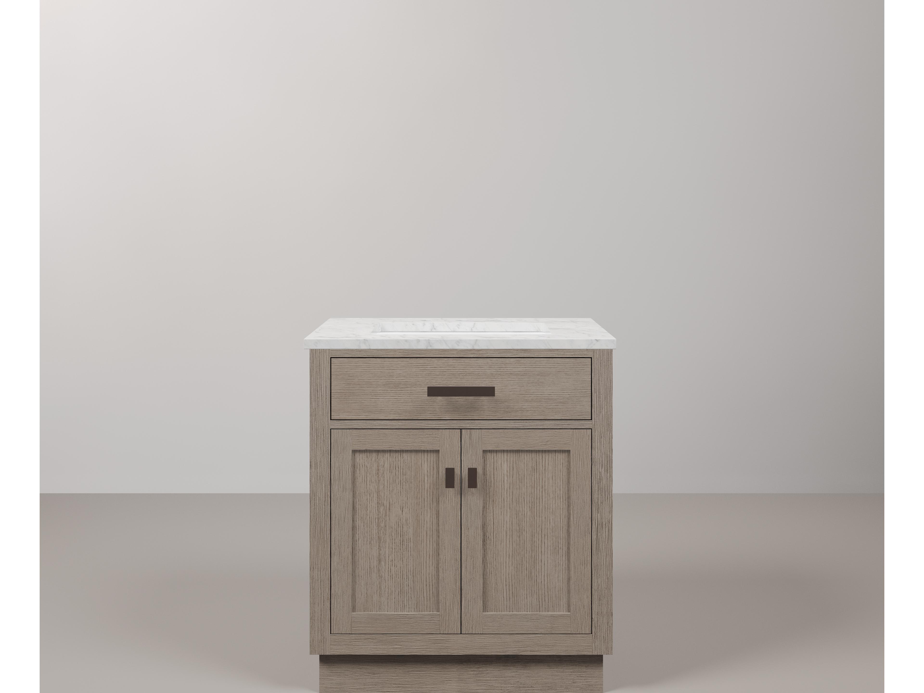 Water Creation Chestnut Single Sink Carrara White Marble Countertop Bath Vanity In Grey Oak with Oil Rubbed Bronze Hardware