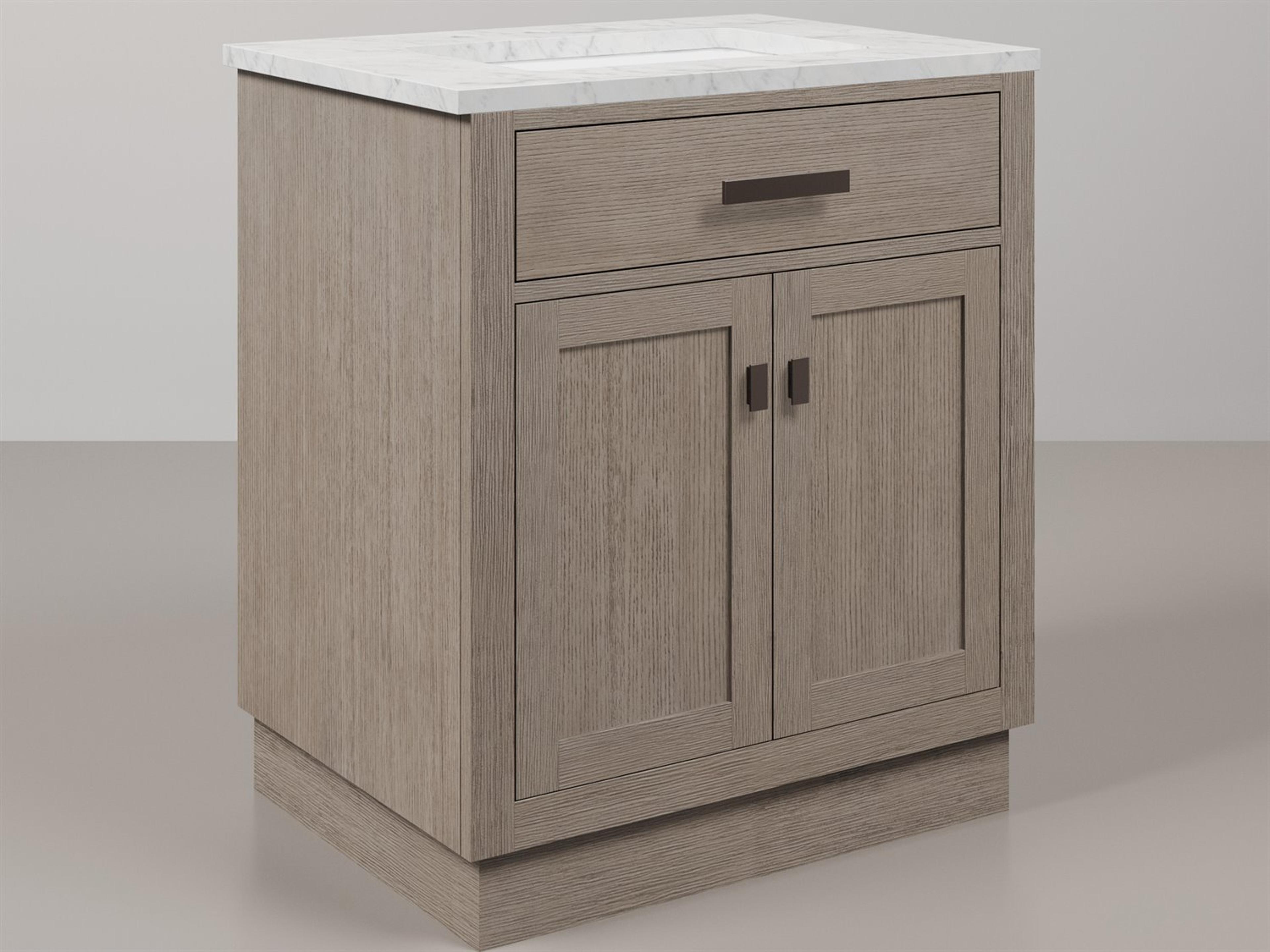 Chestnut Single Sink Carrara White Marble Countertop Bath Vanity In Grey Oak with Oil Rubbed Bronze Hardware
