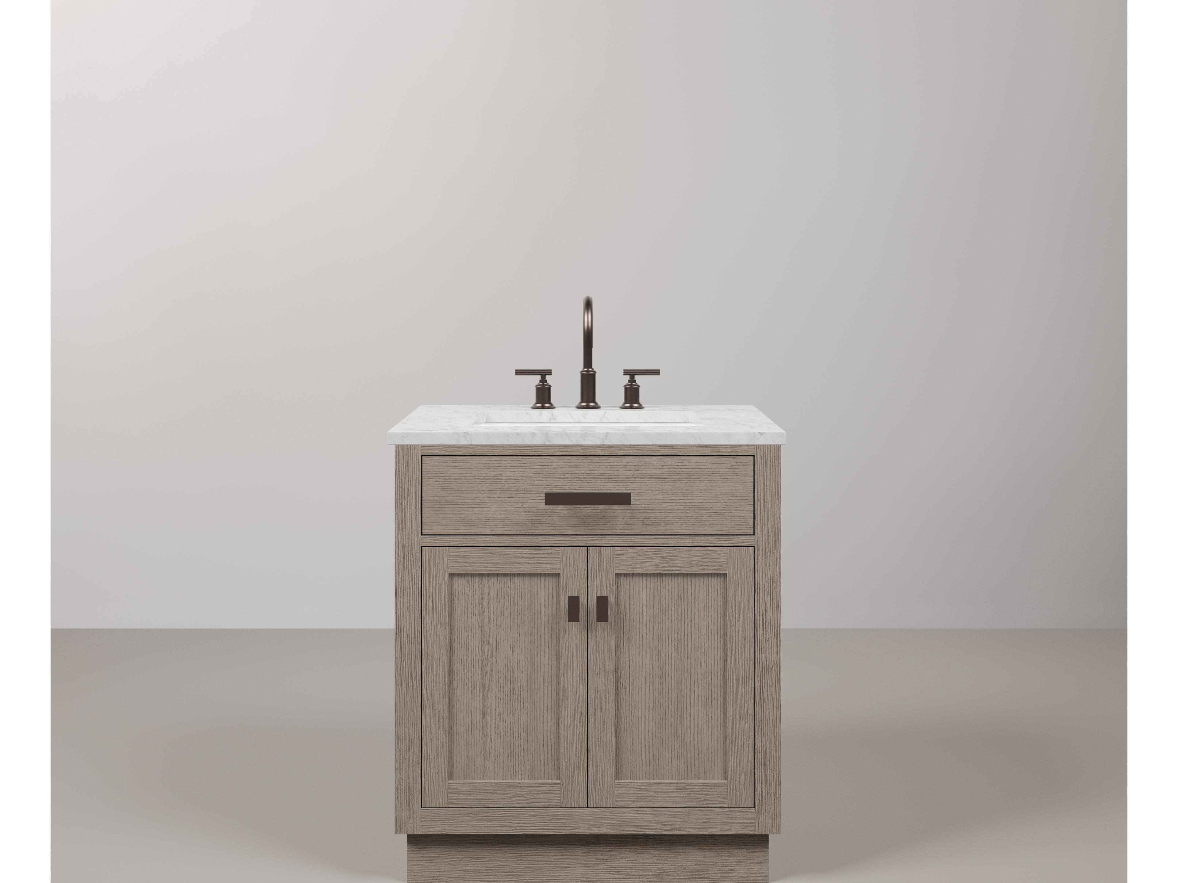 Water Creation Chestnut  Single Sink Carrara White Marble Countertop Bath Vanity In Grey Oak with Oil Rubbed Bronze Hardware and Gooseneck Faucet
