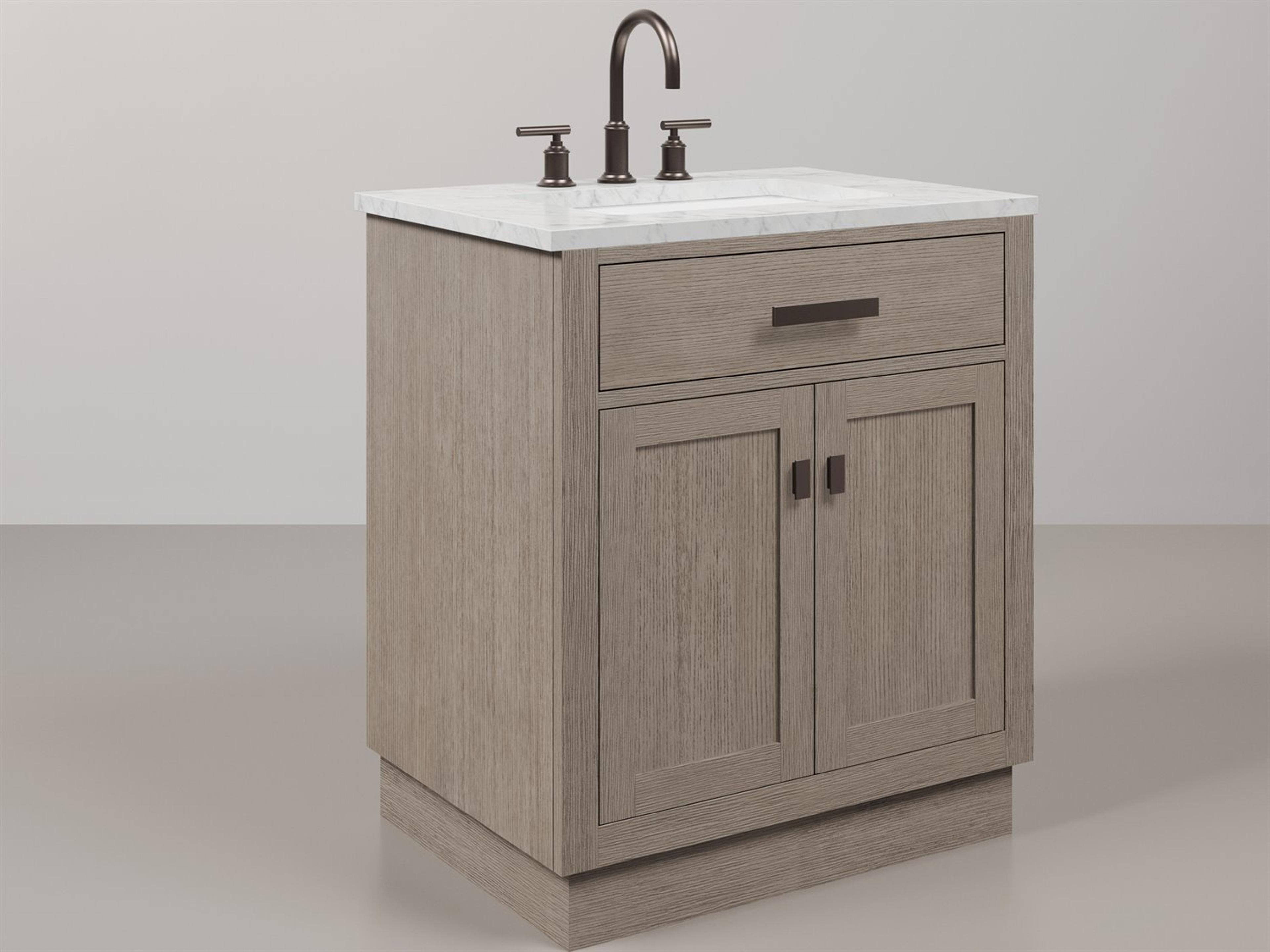 Chestnut  Single Sink Carrara White Marble Countertop Bath Vanity In Grey Oak with Oil Rubbed Bronze Hardware and Gooseneck Faucet