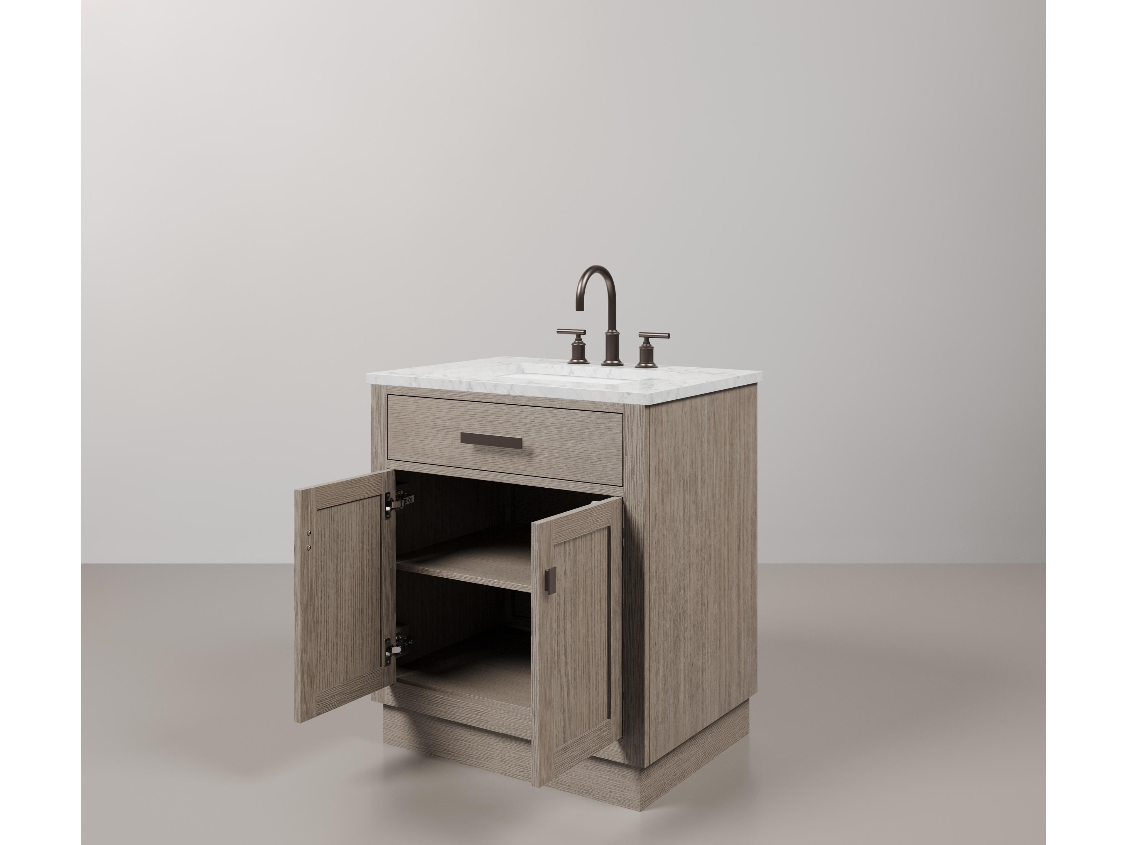 Water Creation Chestnut  Single Sink Carrara White Marble Countertop Bath Vanity In Grey Oak with Oil Rubbed Bronze Hardware and Gooseneck Faucet