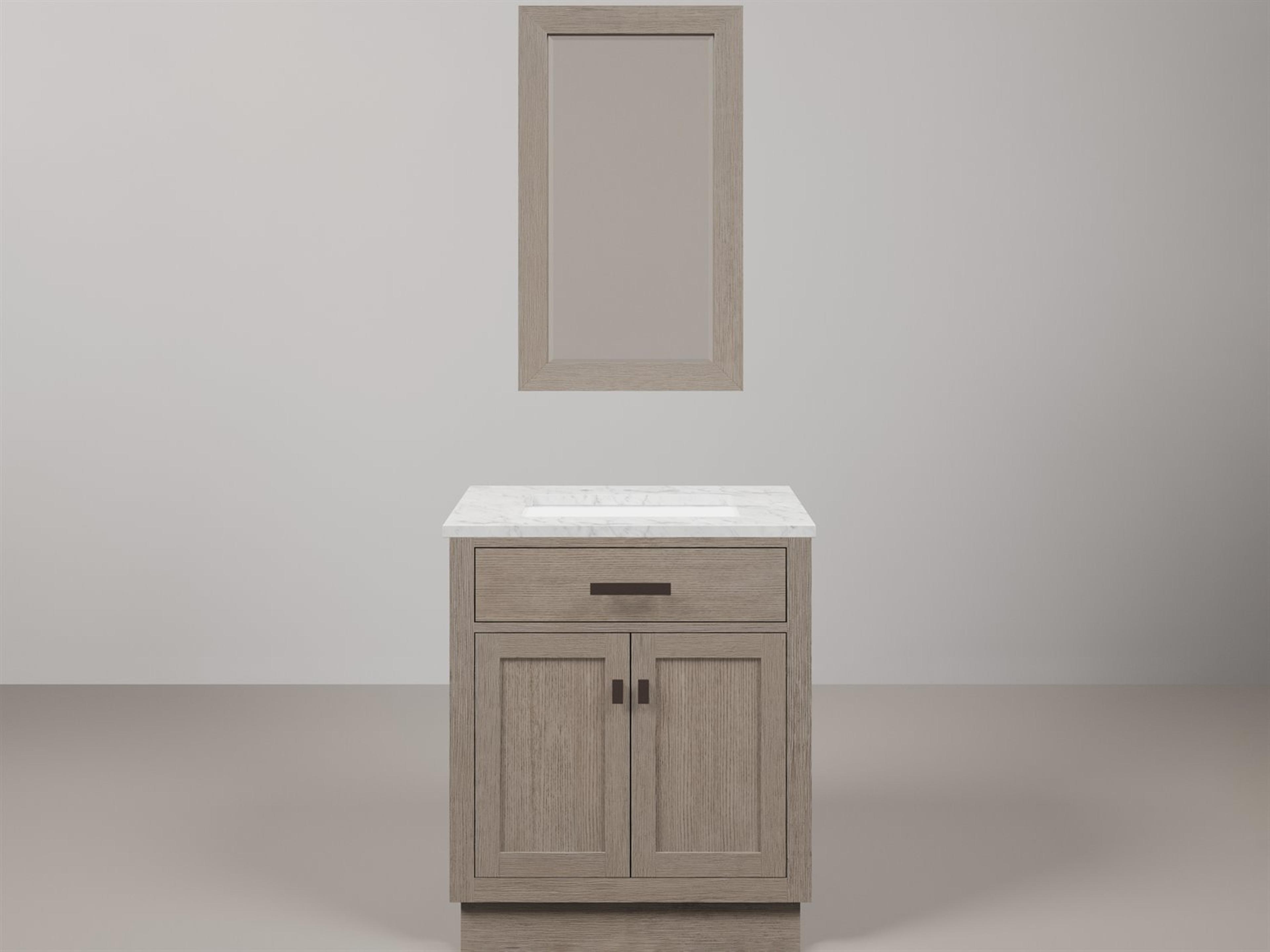 Chestnut  Single Sink Carrara White Marble Countertop Bath Vanity In Grey Oak with Oil Rubbed Bronze Hardware and Rectangular Mirror (S)