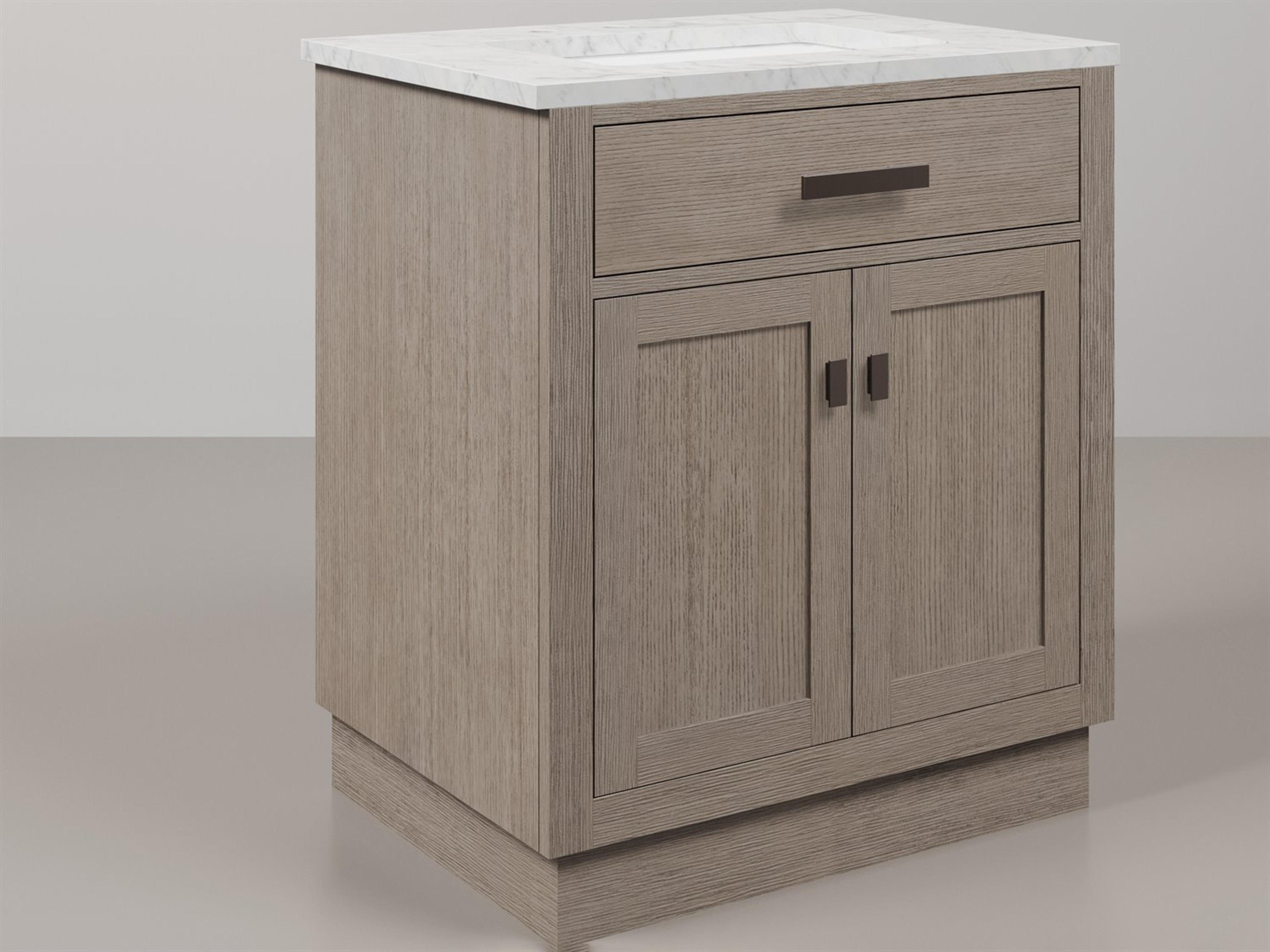 Water Creation Chestnut  Single Sink Carrara White Marble Countertop Bath Vanity In Grey Oak with Oil Rubbed Bronze Hardware and Rectangular Mirror (S)