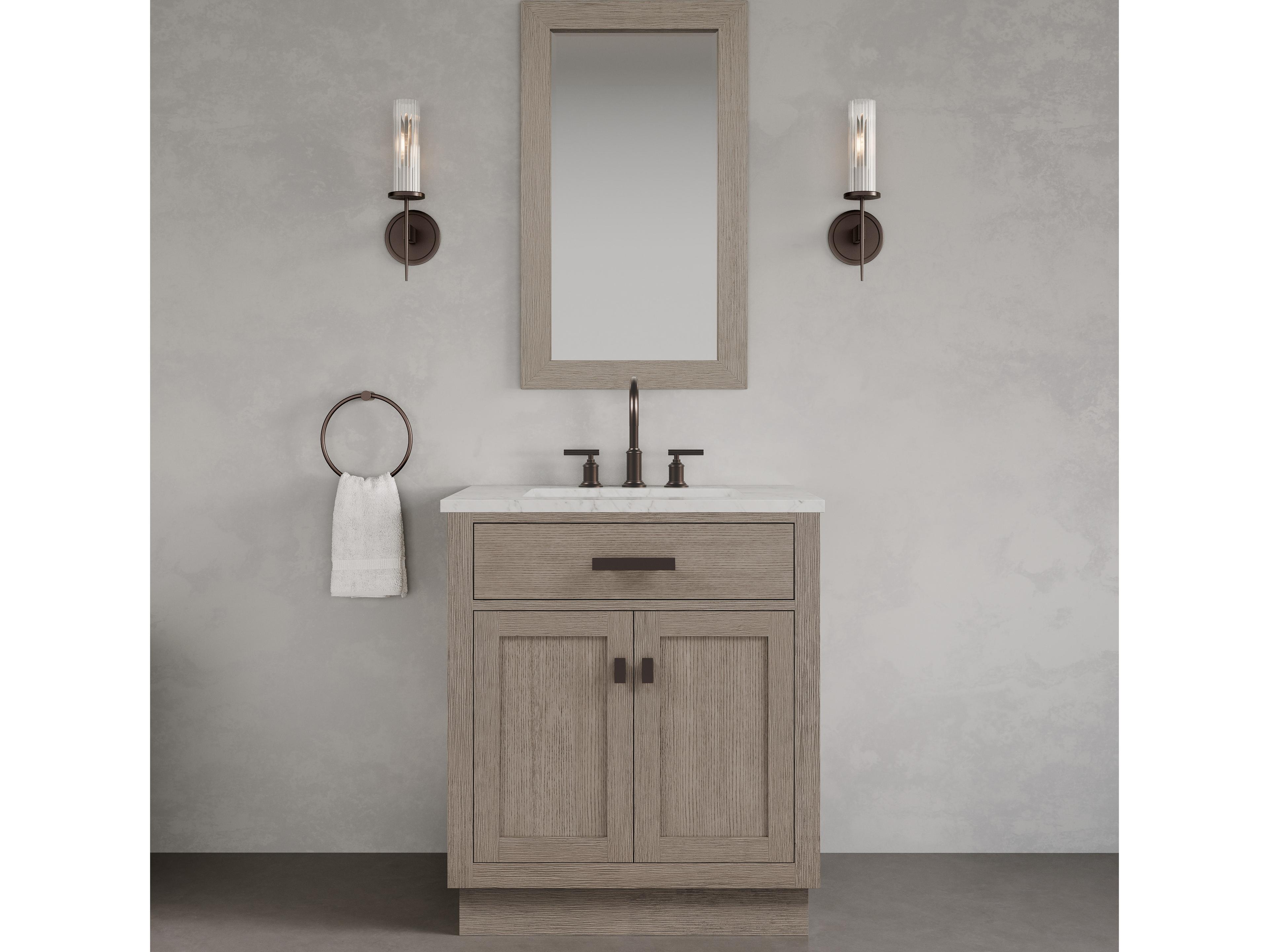 Water Creation Chestnut Single Sink Carrara White Marble Countertop Bath Vanity In Grey Oak with Oil Rubbed Bronze Hardware, Gooseneck Faucet and Rectangular Mirror (S)