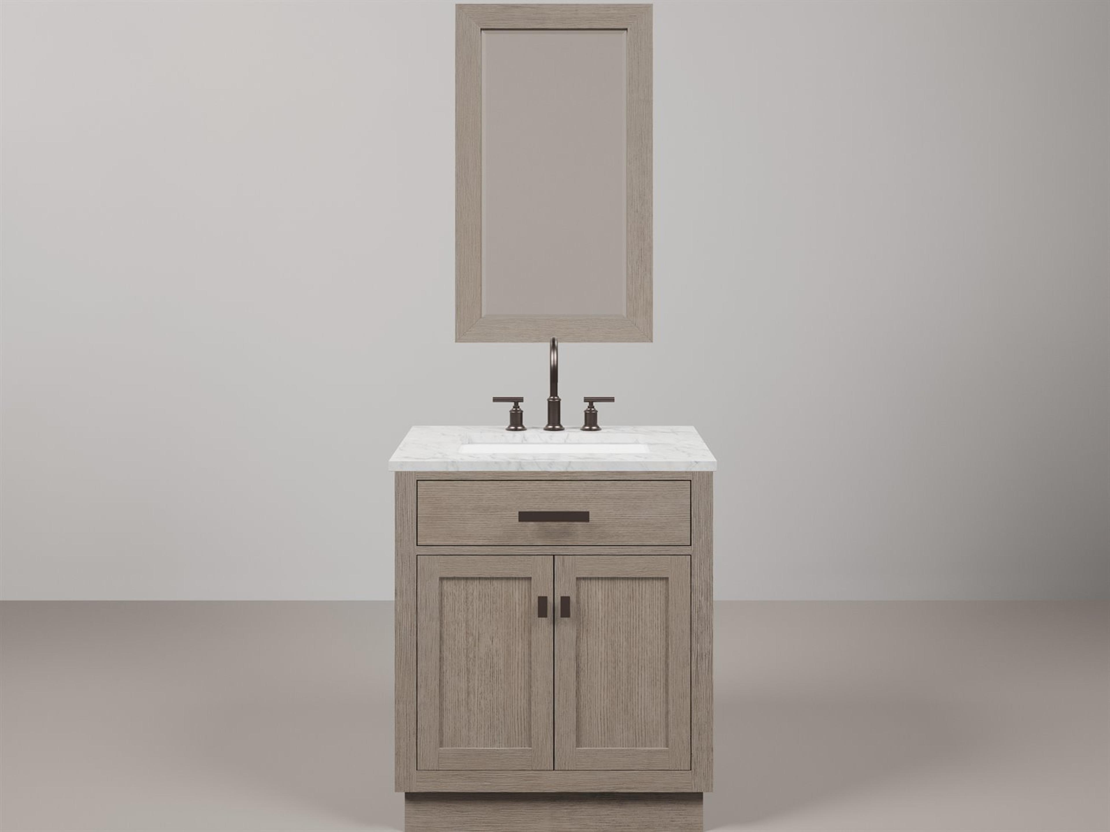 Chestnut Single Sink Carrara White Marble Countertop Bath Vanity In Grey Oak with Oil Rubbed Bronze Hardware, Gooseneck Faucet and Rectangular Mirror (S)