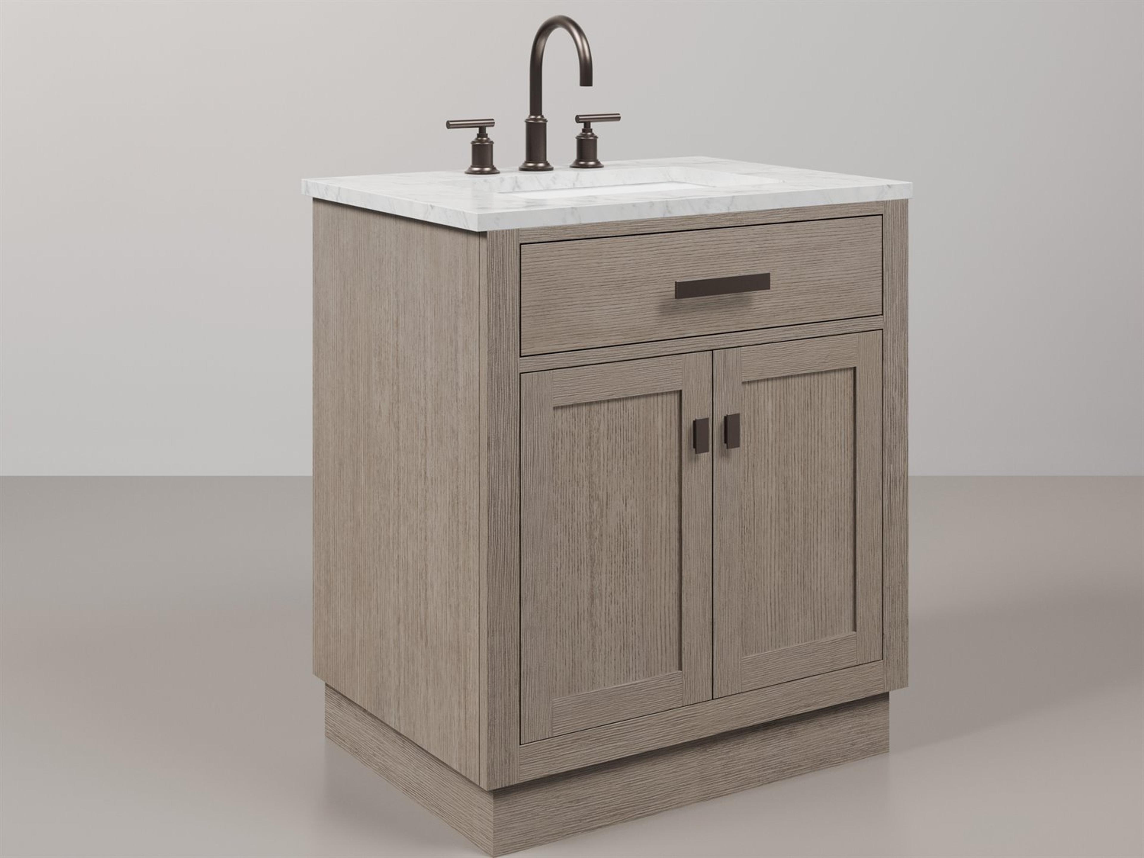 Water Creation Chestnut Single Sink Carrara White Marble Countertop Bath Vanity In Grey Oak with Oil Rubbed Bronze Hardware, Gooseneck Faucet and Rectangular Mirror (S)