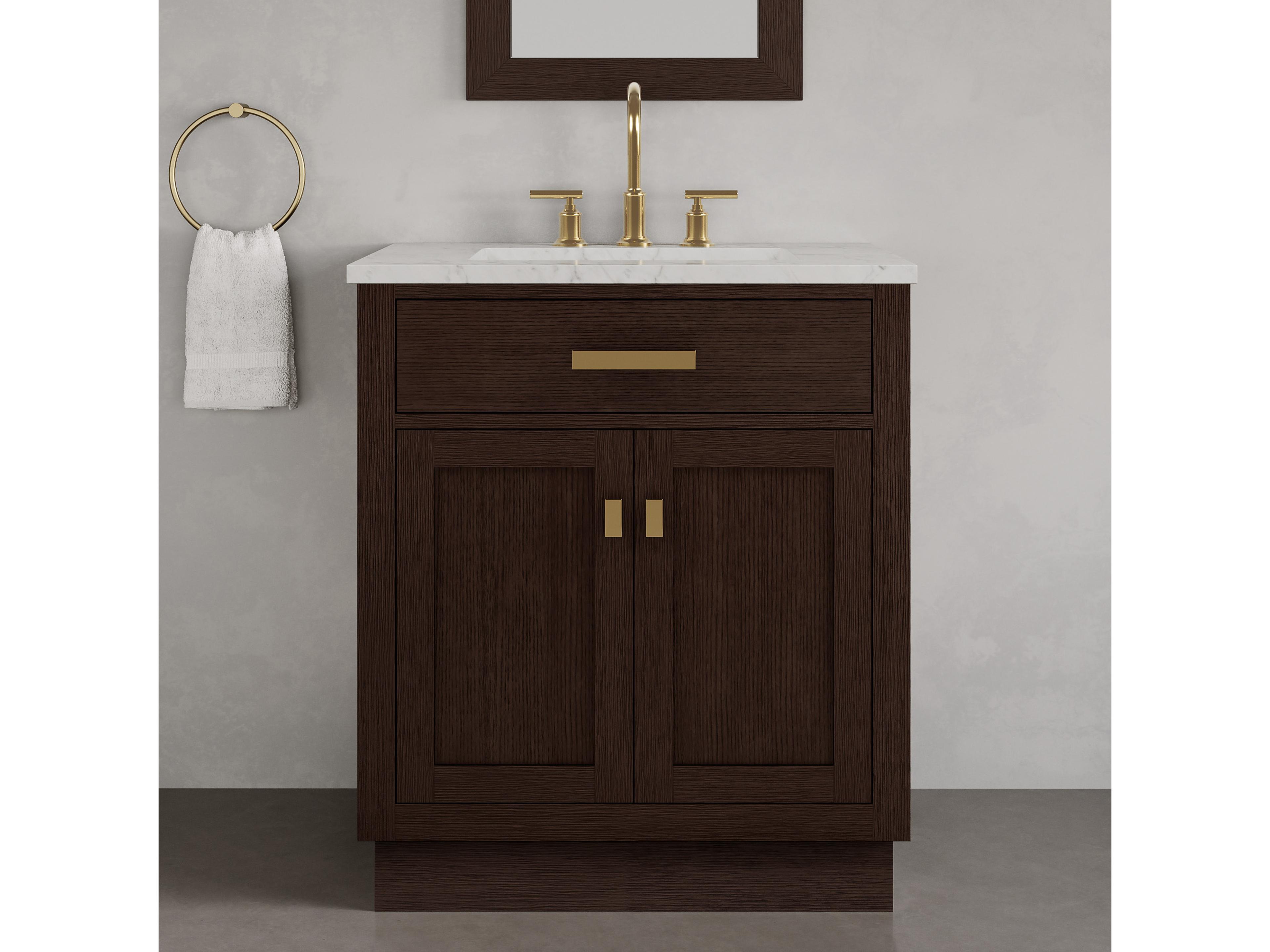 Water Creation Chestnut  Single Sink Carrara White Marble Countertop Bath Vanity In Brown Oak with Satin Gold Hardware