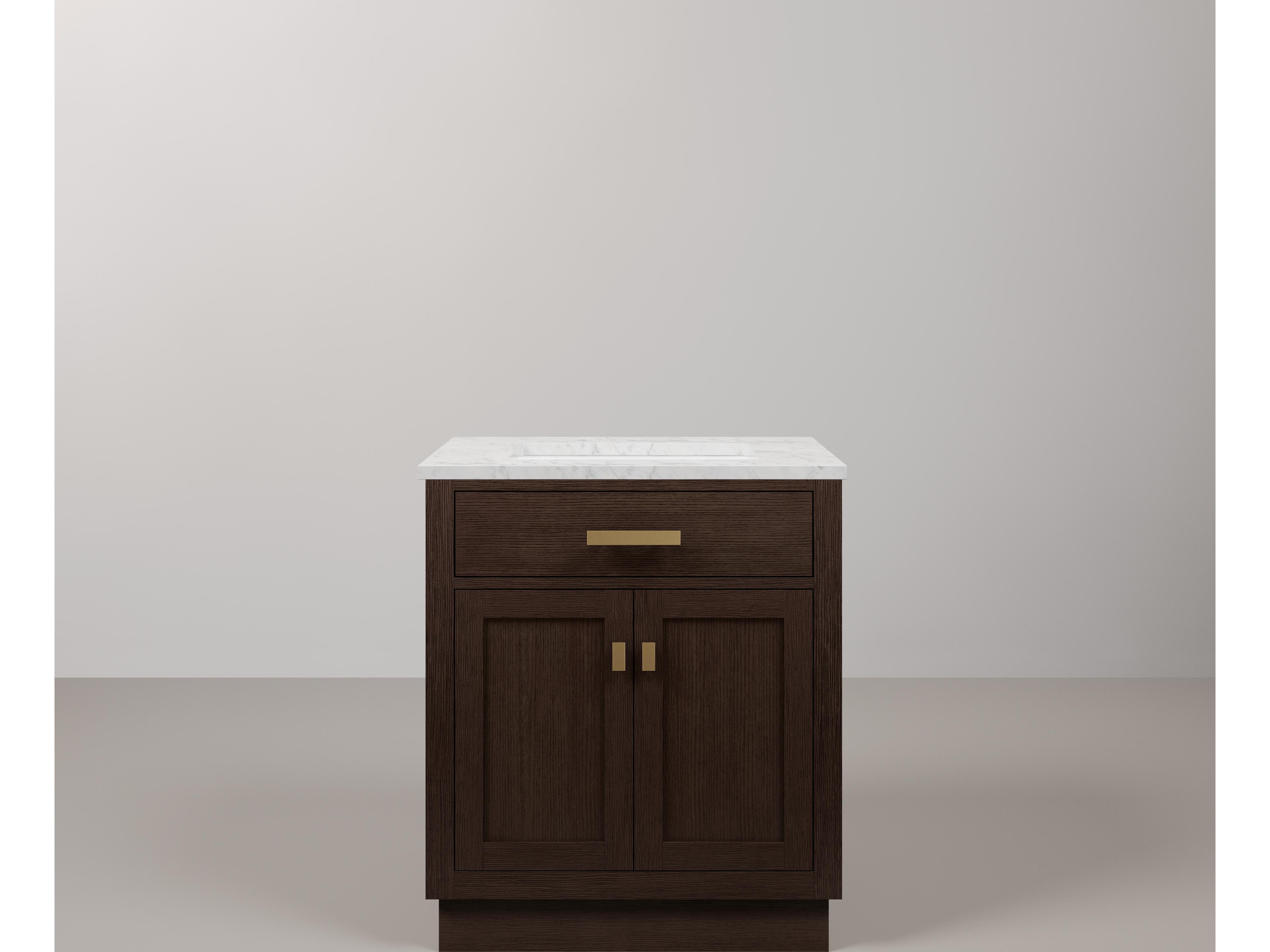 Water Creation Chestnut  Single Sink Carrara White Marble Countertop Bath Vanity In Brown Oak with Satin Gold Hardware