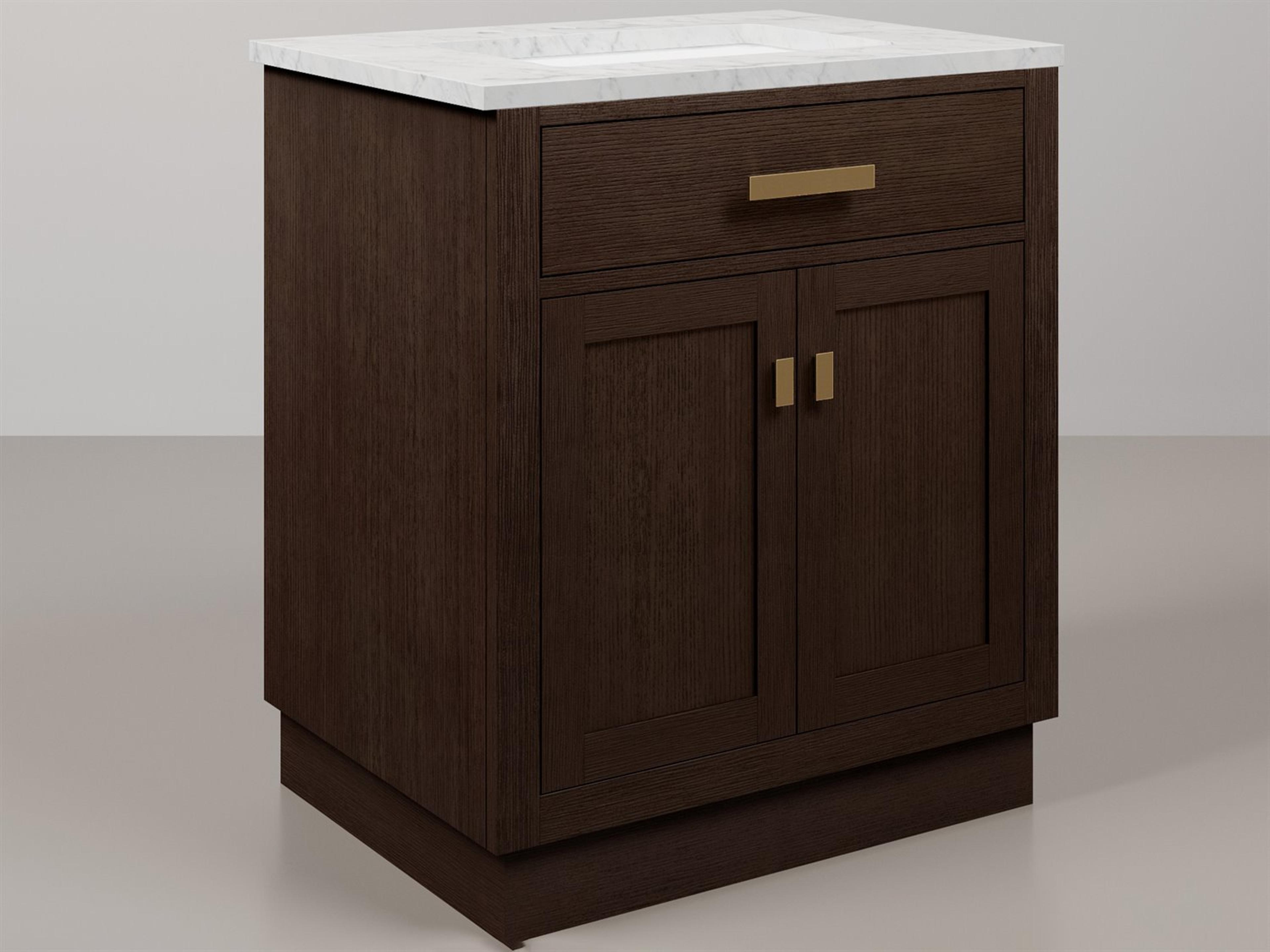 Chestnut  Single Sink Carrara White Marble Countertop Bath Vanity In Brown Oak with Satin Gold Hardware