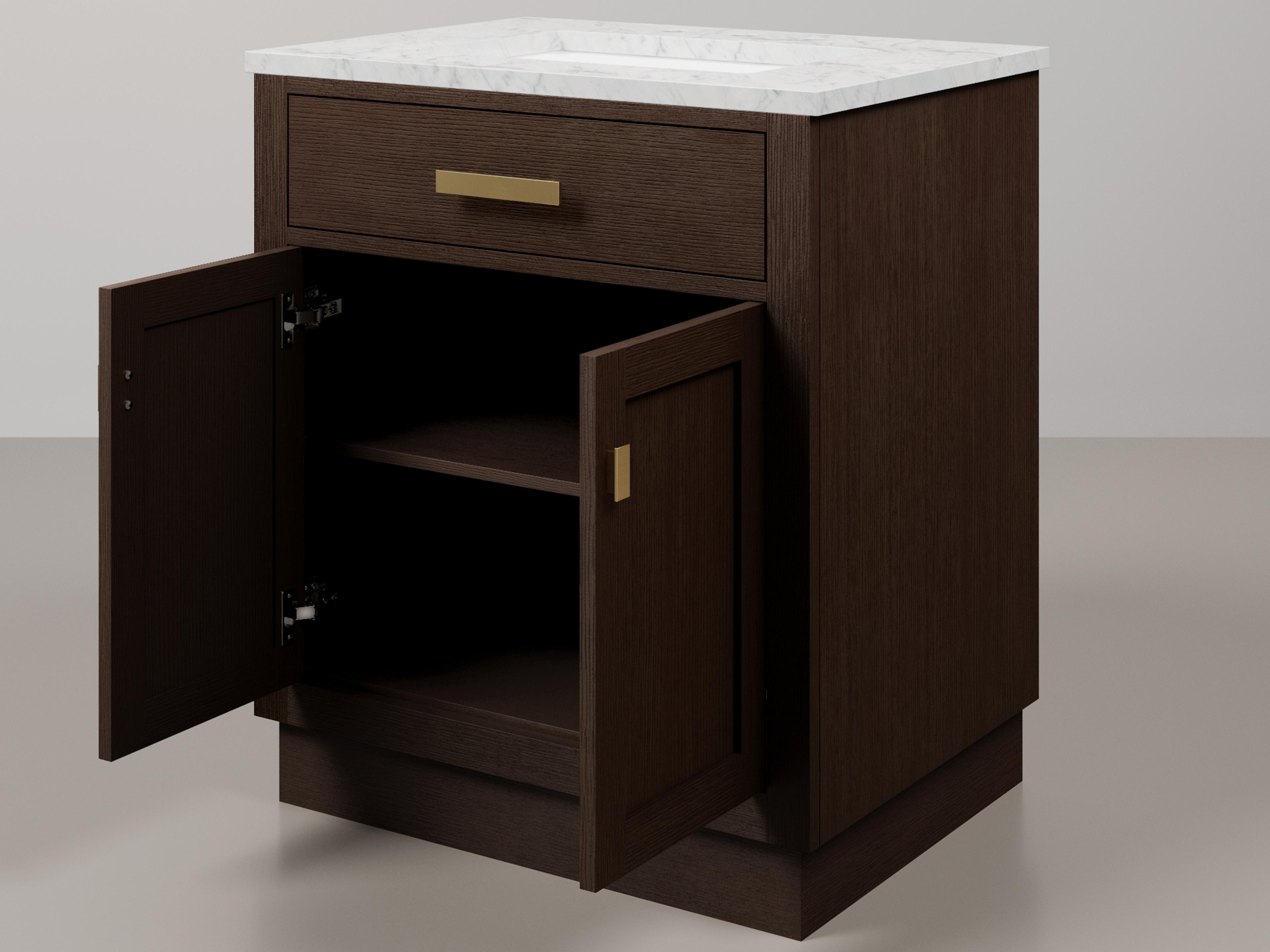 Water Creation Chestnut  Single Sink Carrara White Marble Countertop Bath Vanity In Brown Oak with Satin Gold Hardware