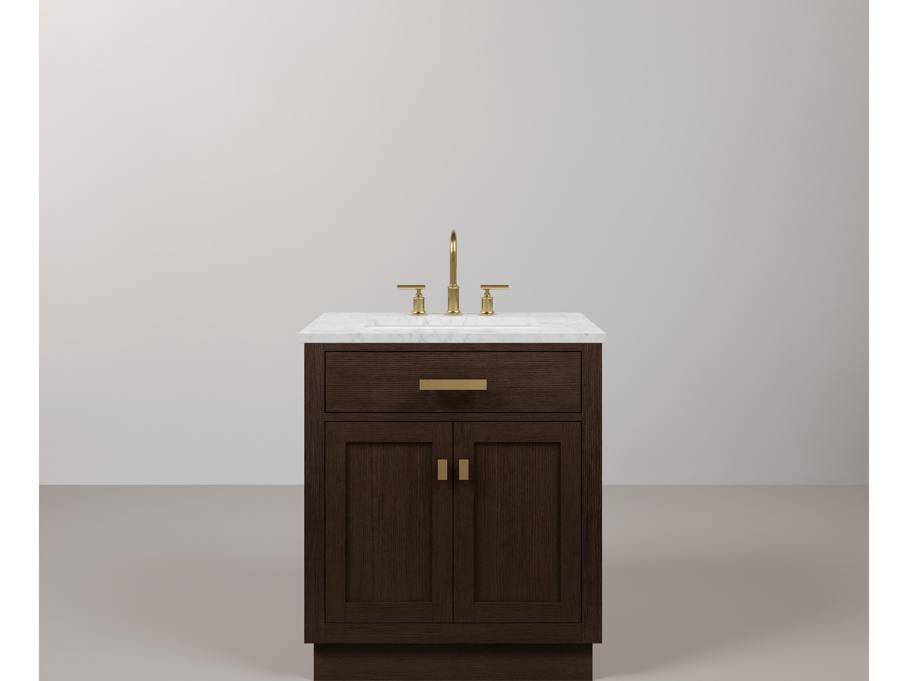 Water Creation Chestnut Single Sink Carrara White Marble Countertop Bath Vanity In Brown Oak with Satin Gold Hardware and Gooseneck Faucet