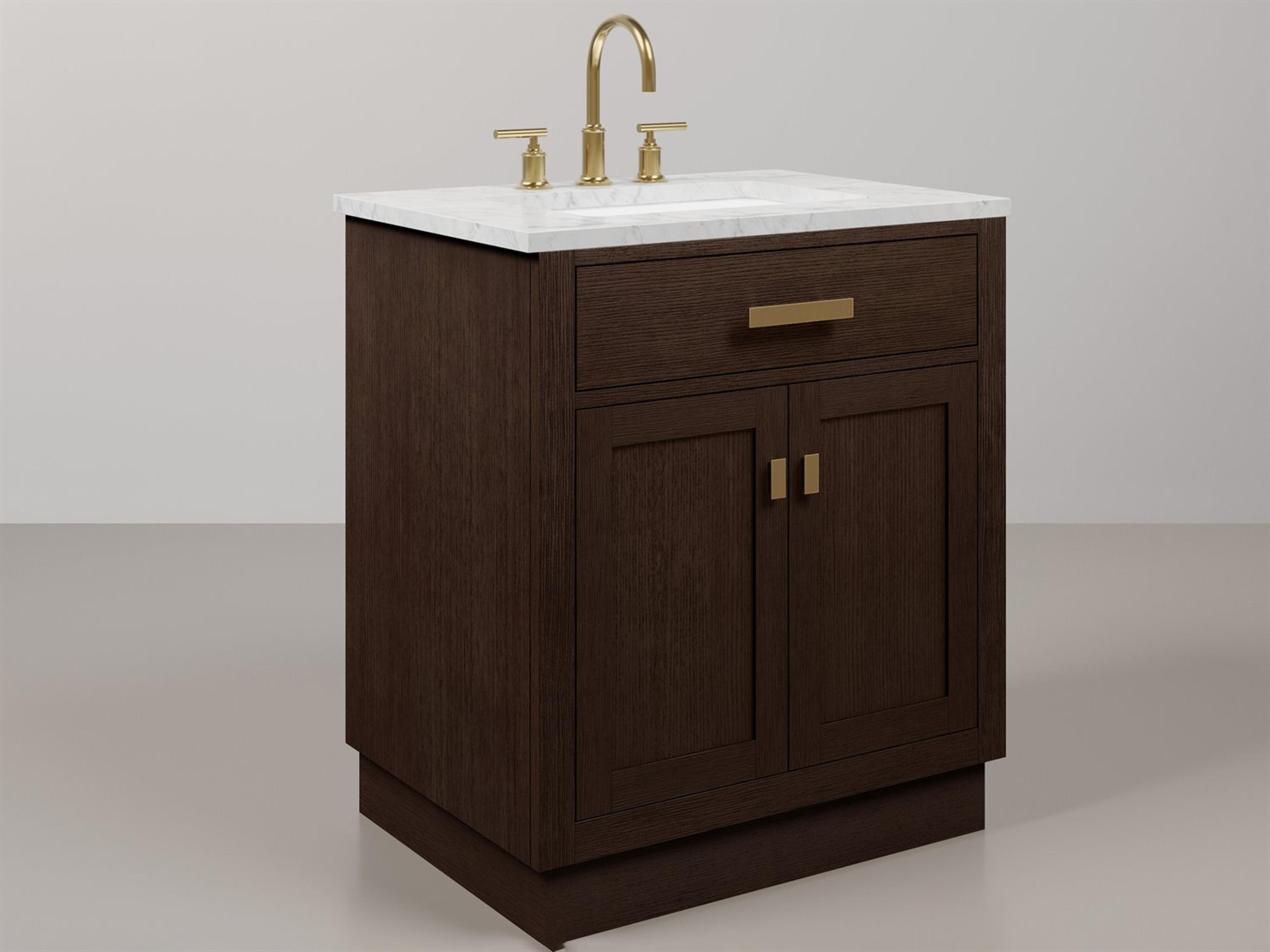 Chestnut Single Sink Carrara White Marble Countertop Bath Vanity In Brown Oak with Satin Gold Hardware and Gooseneck Faucet