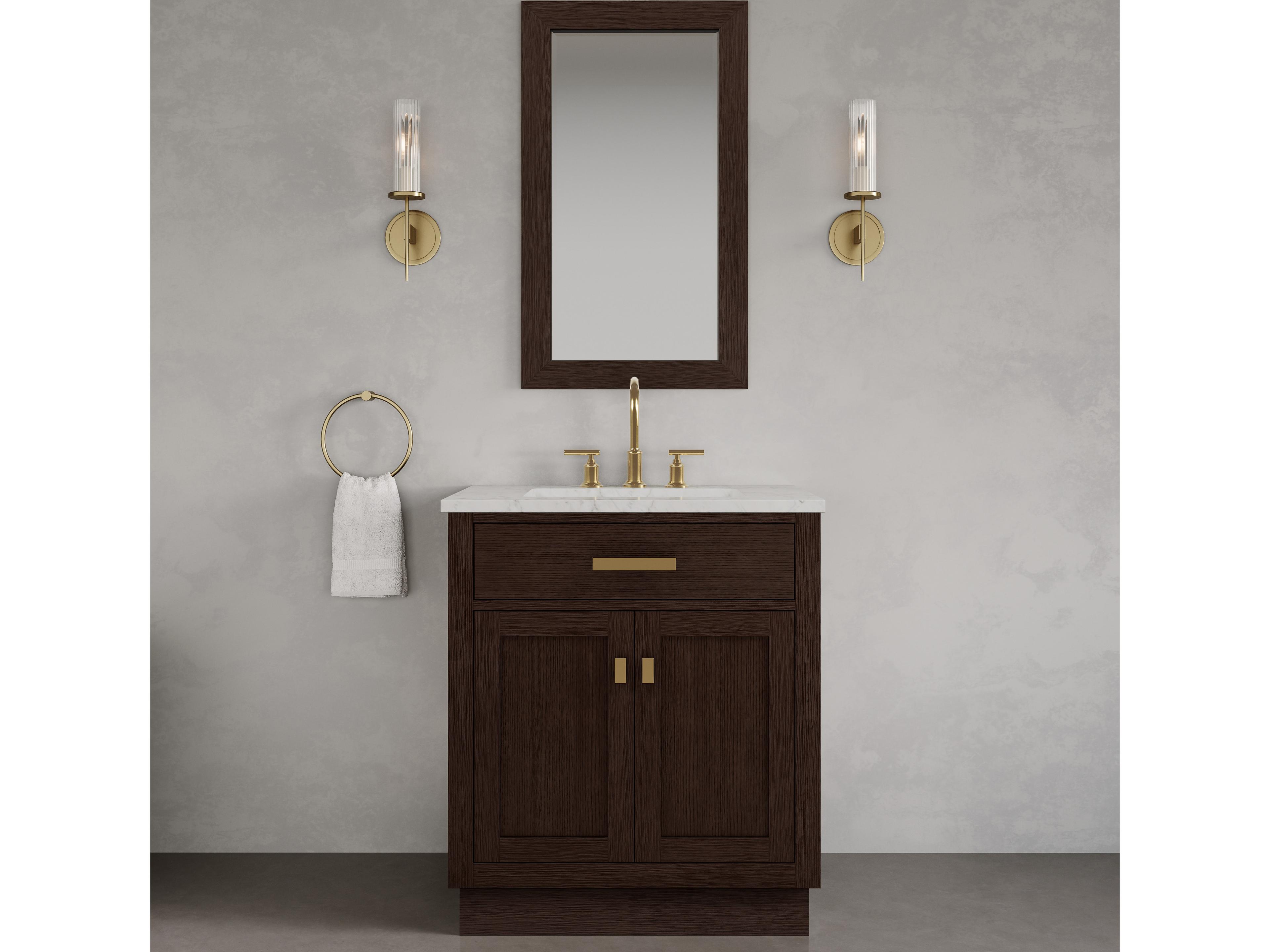 Water Creation Chestnut Single Sink Carrara White Marble Countertop Bath Vanity In Brown Oak with Satin Gold Hardware and Rectangular Mirror (S)