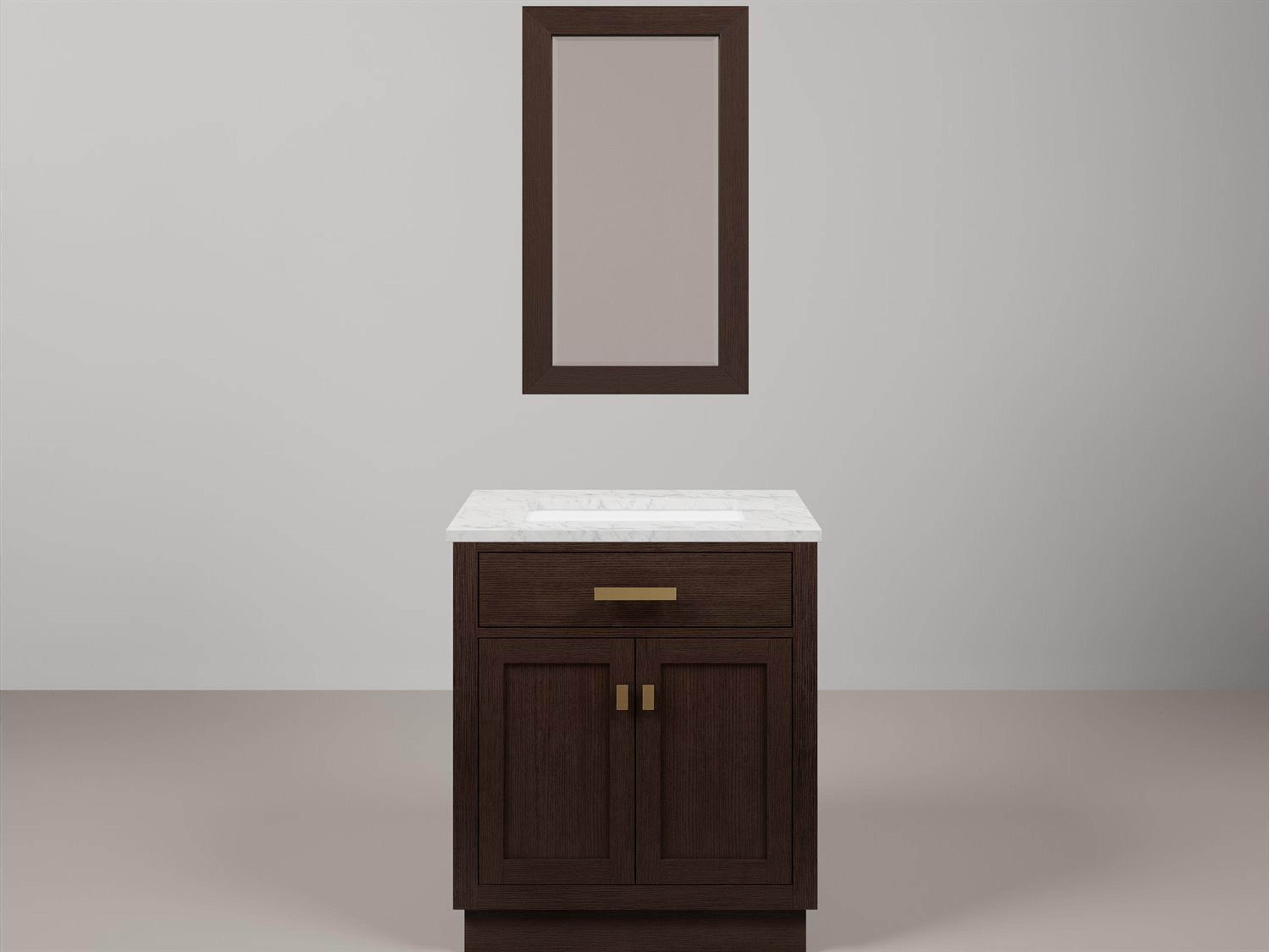 Chestnut Single Sink Carrara White Marble Countertop Bath Vanity In Brown Oak with Satin Gold Hardware and Rectangular Mirror (S)