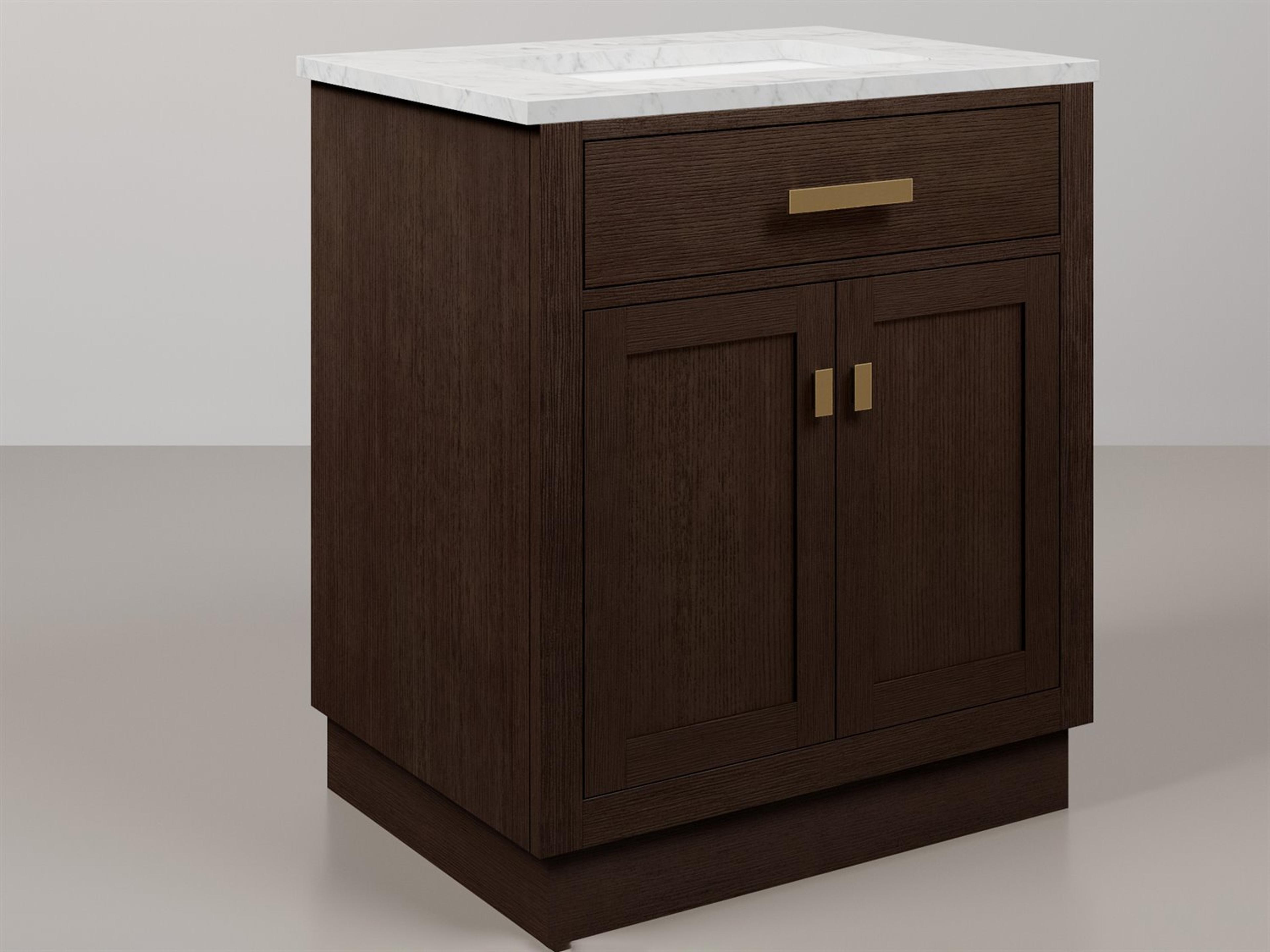 Water Creation Chestnut Single Sink Carrara White Marble Countertop Bath Vanity In Brown Oak with Satin Gold Hardware and Rectangular Mirror (S)