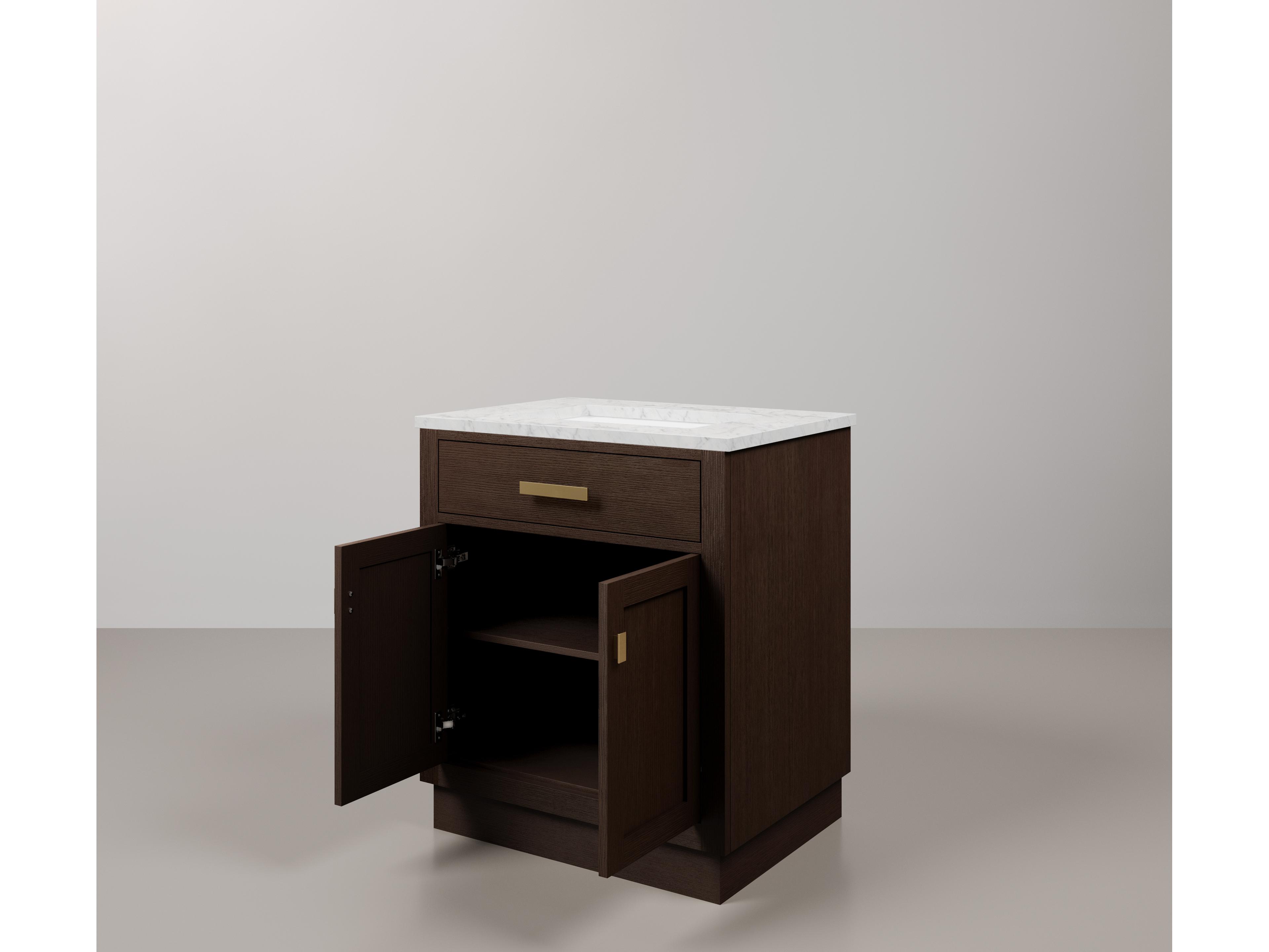 Water Creation Chestnut Single Sink Carrara White Marble Countertop Bath Vanity In Brown Oak with Satin Gold Hardware and Rectangular Mirror (S)