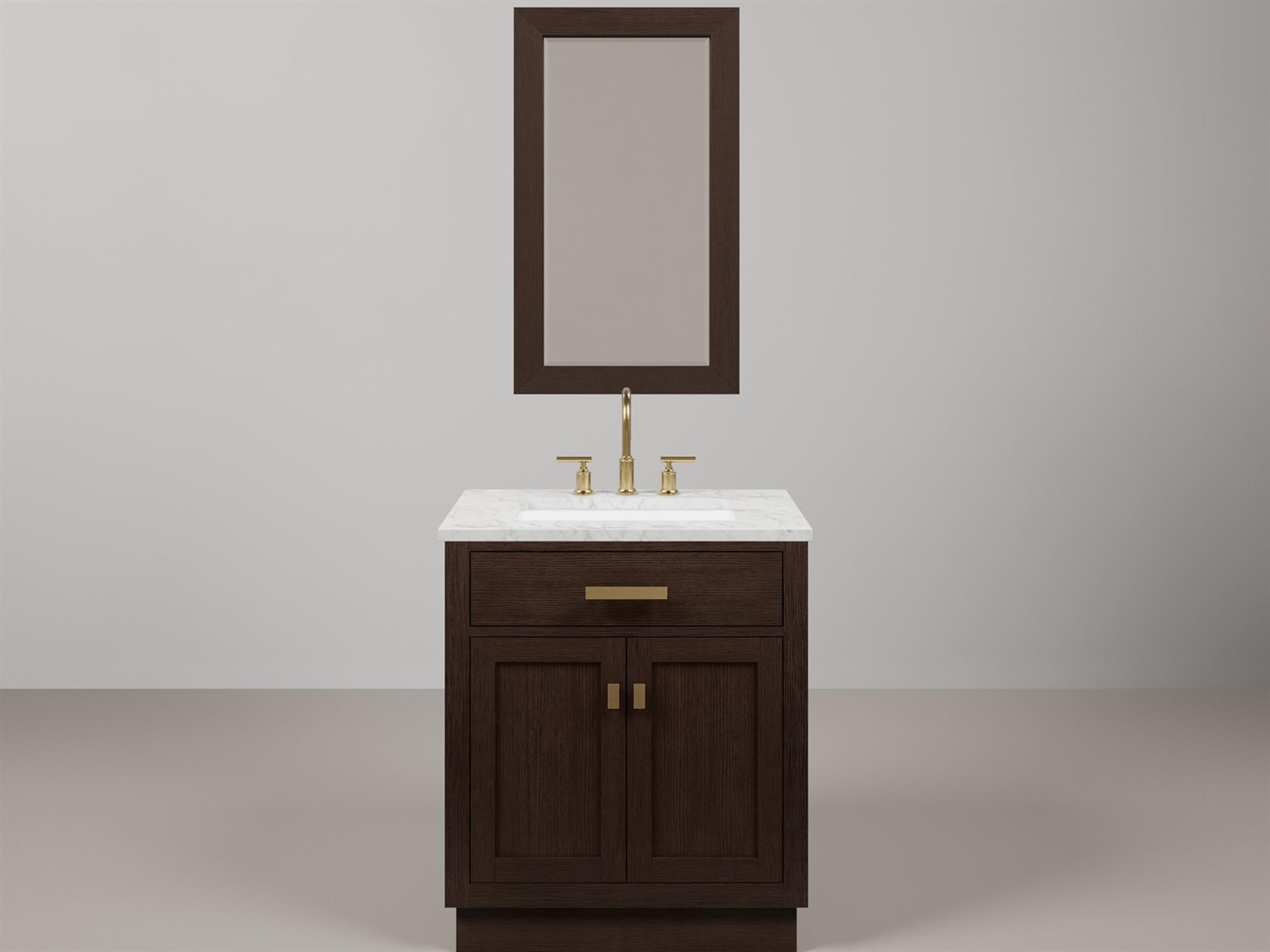 Chestnut Single Sink Carrara White Marble Countertop Bath Vanity In Brown Oak with Satin Gold Hardware, Gooseneck Faucet and Rectangular Mirror (S)