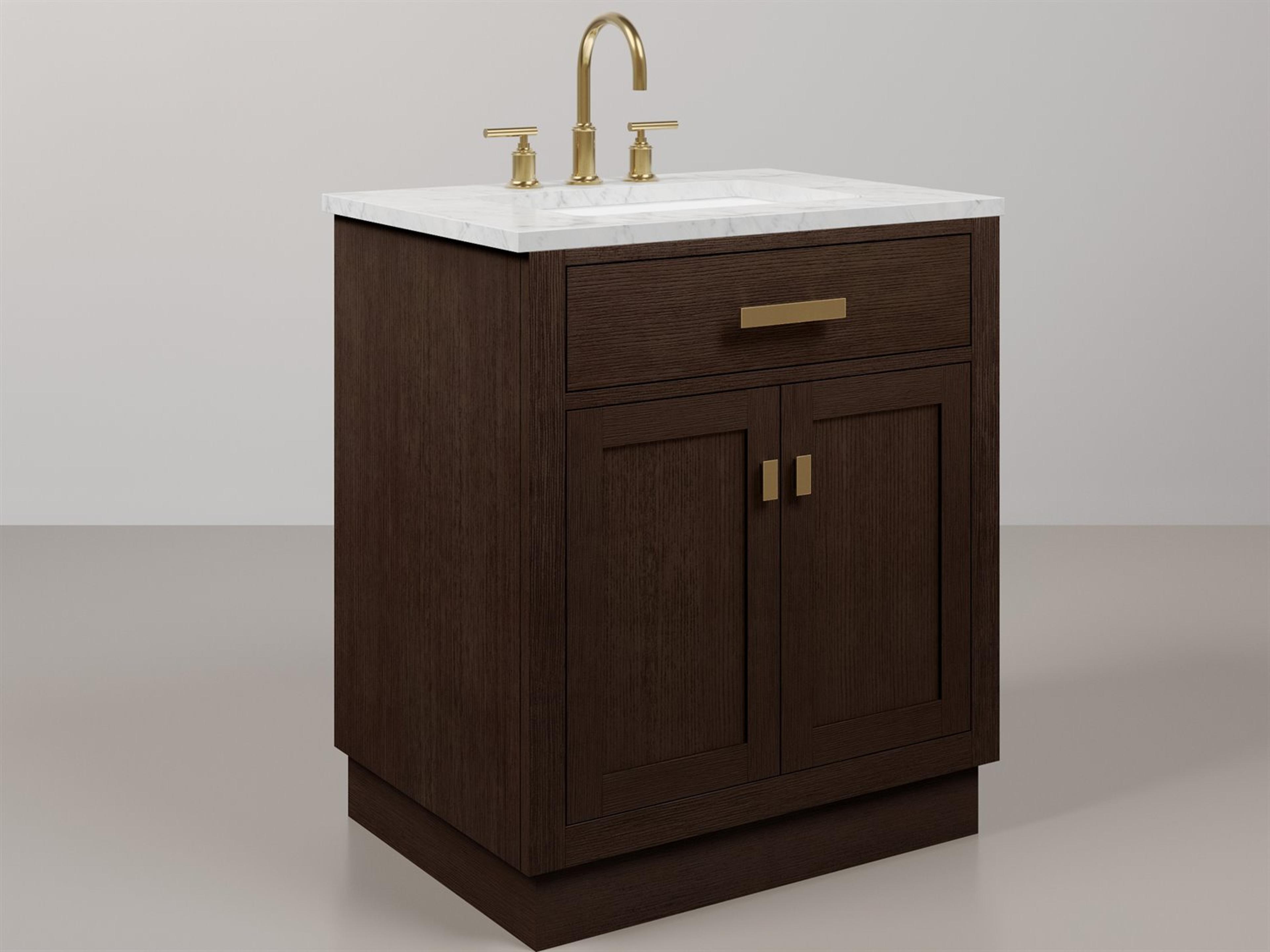Water Creation Chestnut Single Sink Carrara White Marble Countertop Bath Vanity In Brown Oak with Satin Gold Hardware, Gooseneck Faucet and Rectangular Mirror (S)