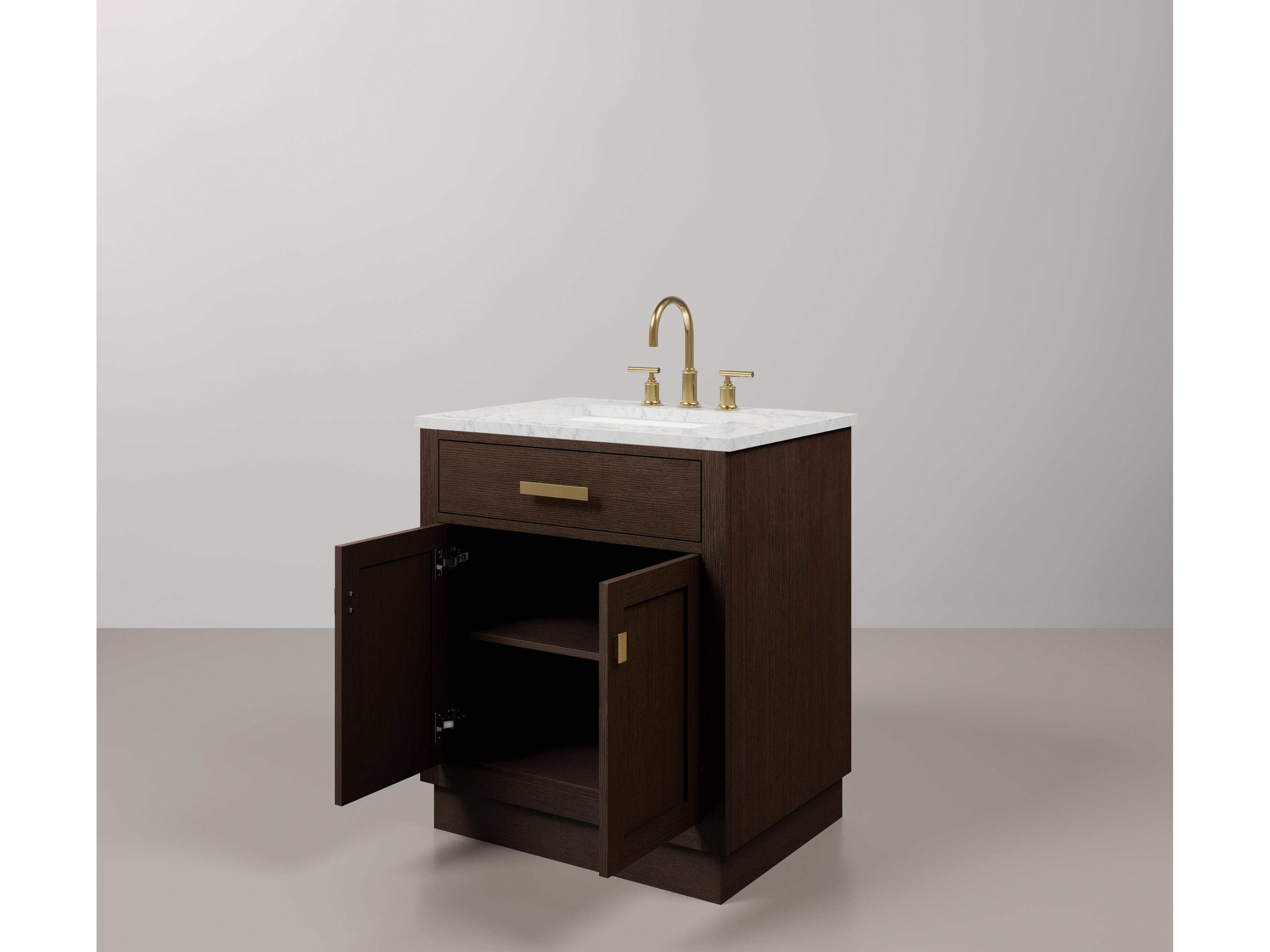 Water Creation Chestnut Single Sink Carrara White Marble Countertop Bath Vanity In Brown Oak with Satin Gold Hardware, Gooseneck Faucet and Rectangular Mirror (S)