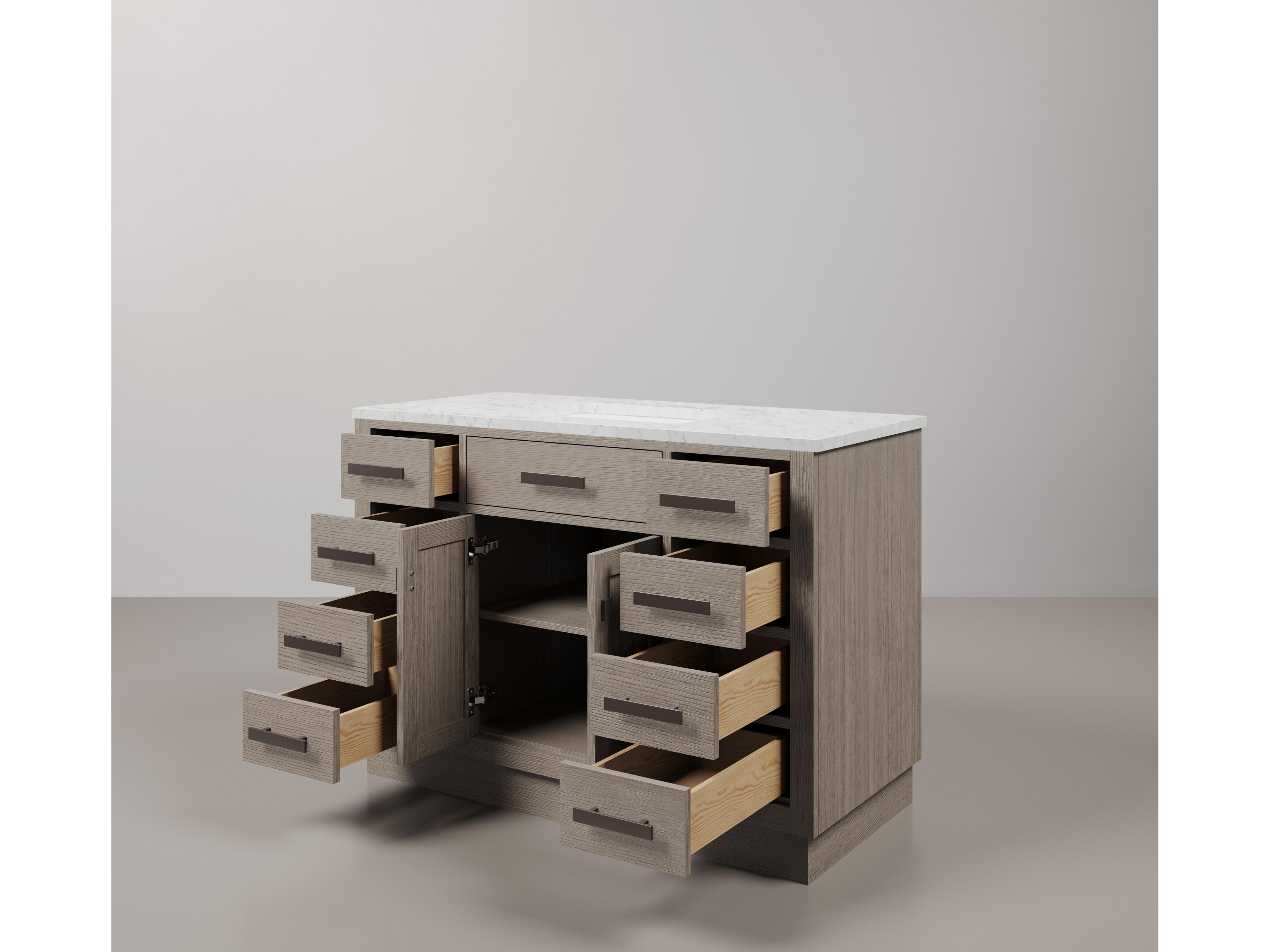 Water Creation Chestnut Single Sink Carrara White Marble Countertop Bath Vanity In Grey Oak with Oil Rubbed Bronze Hardware