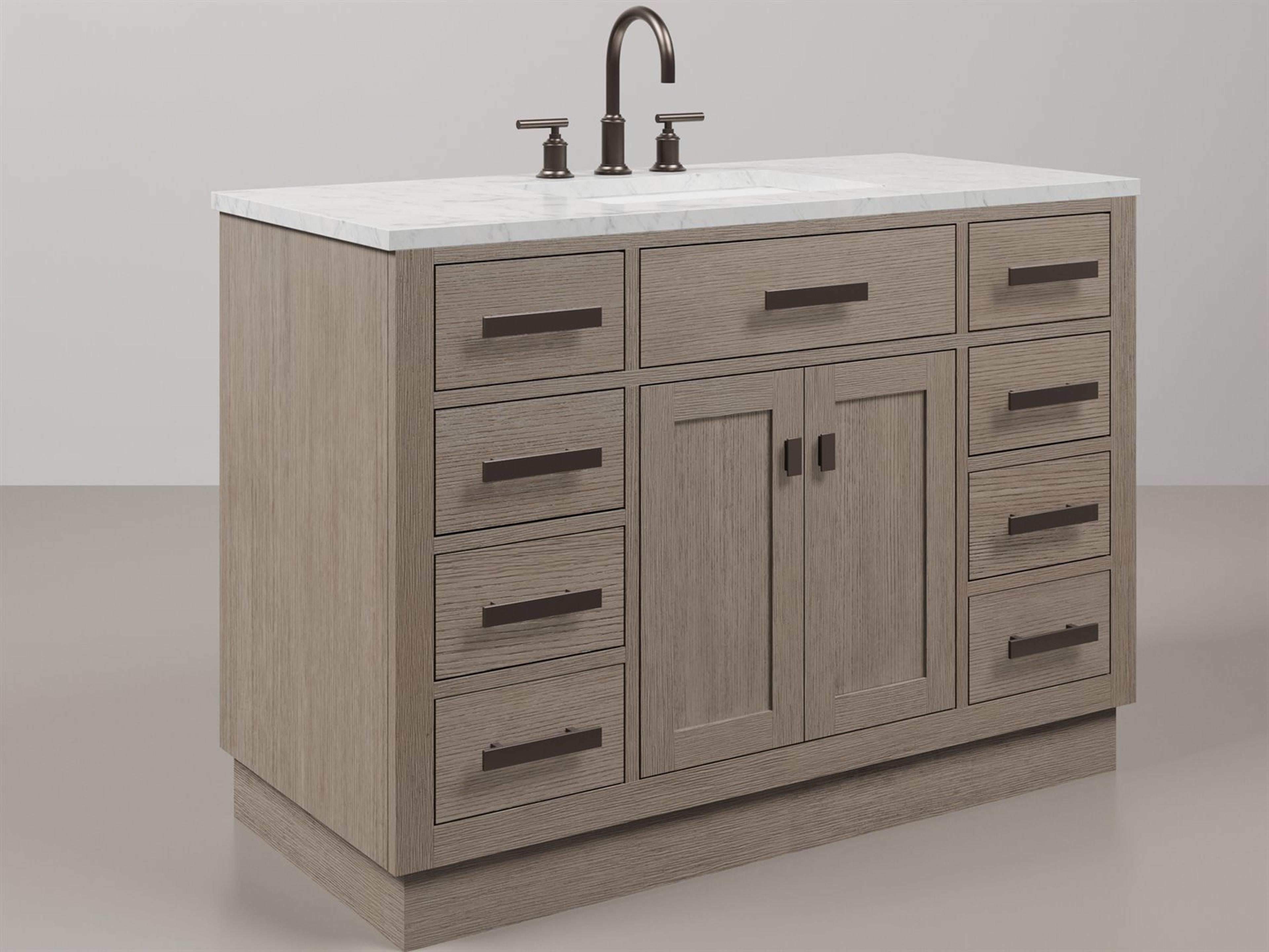 Chestnut Single Sink Carrara White Marble Countertop Bath Vanity In Grey Oak with Oil Rubbed Bronze Hardware and Gooseneck Faucet