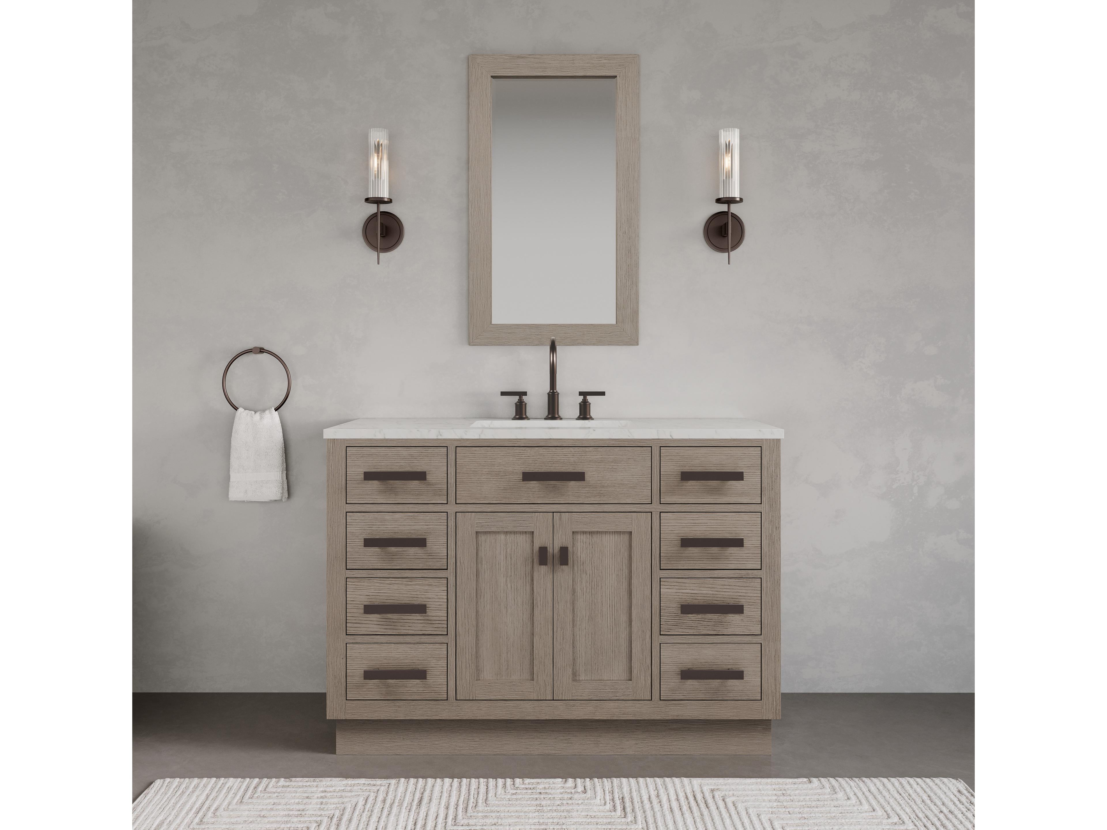 Water Creation Chestnut Single Sink Carrara White Marble Countertop Bath Vanity In Grey Oak with Oil Rubbed Bronze Hardware and Rectangular Mirror (S)