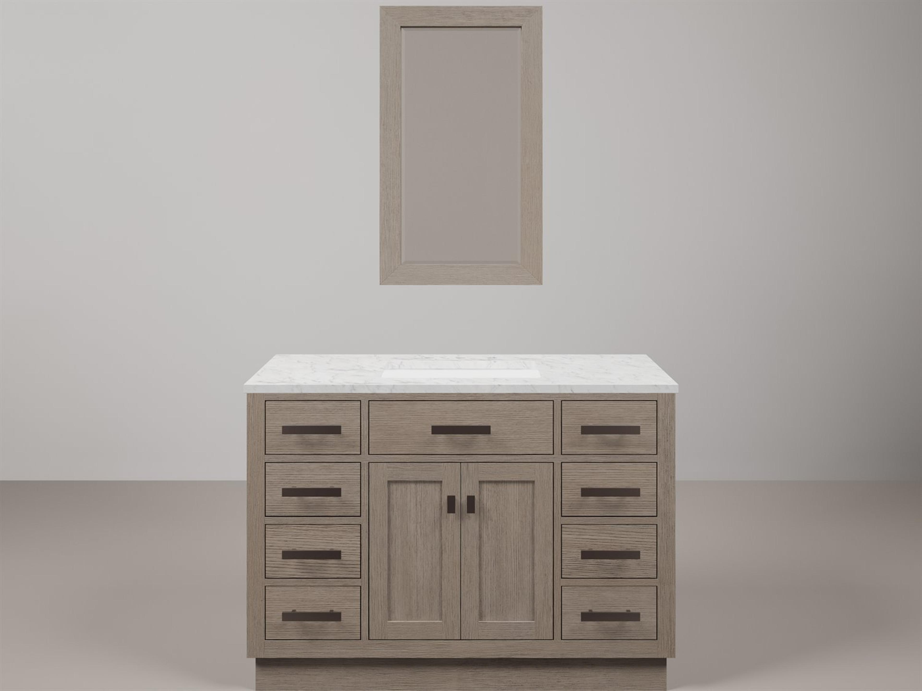 Chestnut Single Sink Carrara White Marble Countertop Bath Vanity In Grey Oak with Oil Rubbed Bronze Hardware and Rectangular Mirror (S)