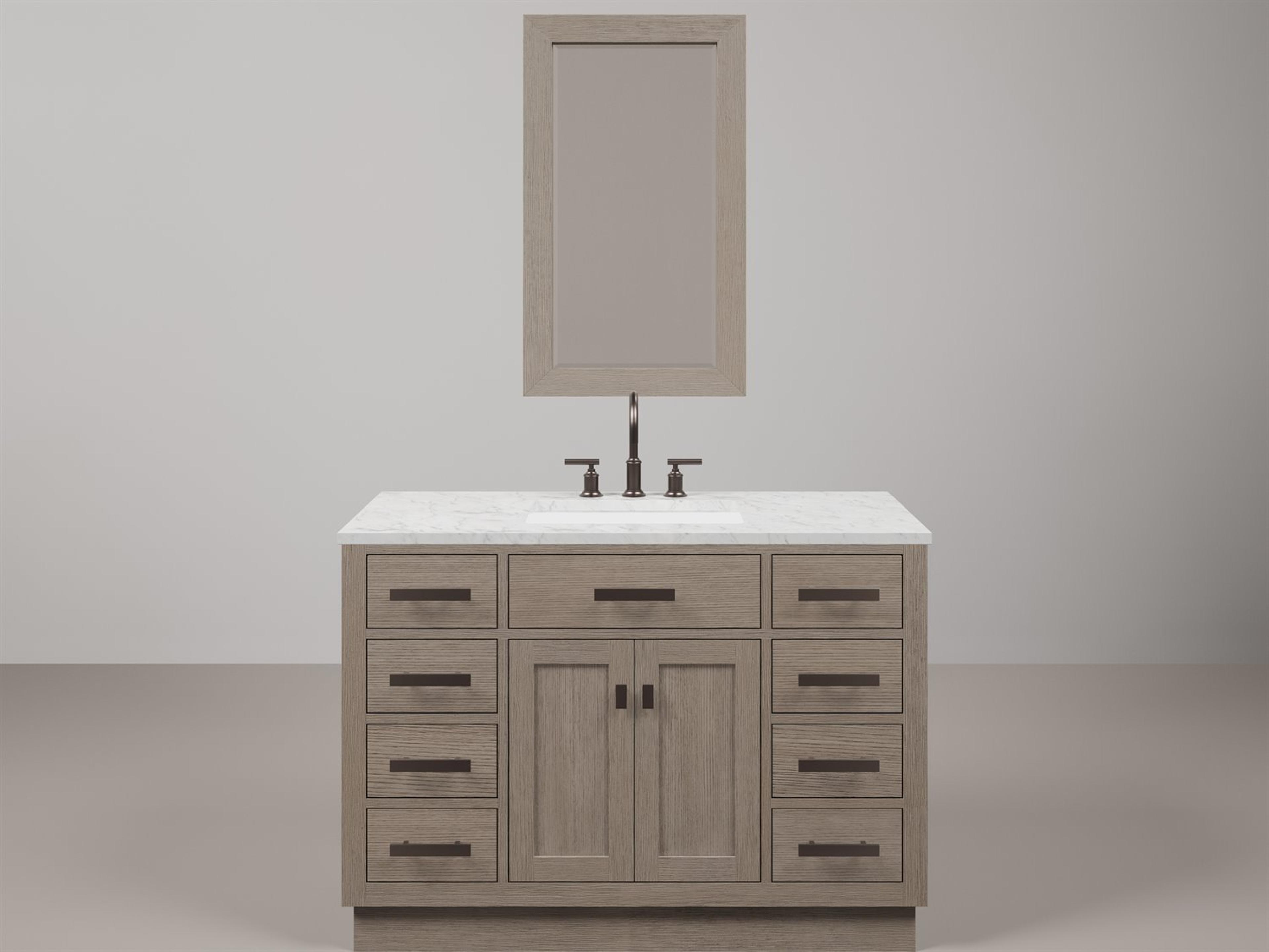 Chestnut Single Sink Carrara White Marble Countertop Bath Vanity In Grey Oak with Oil Rubbed Bronze Hardware, Gooseneck Faucet and Rectangular Mirror (S)