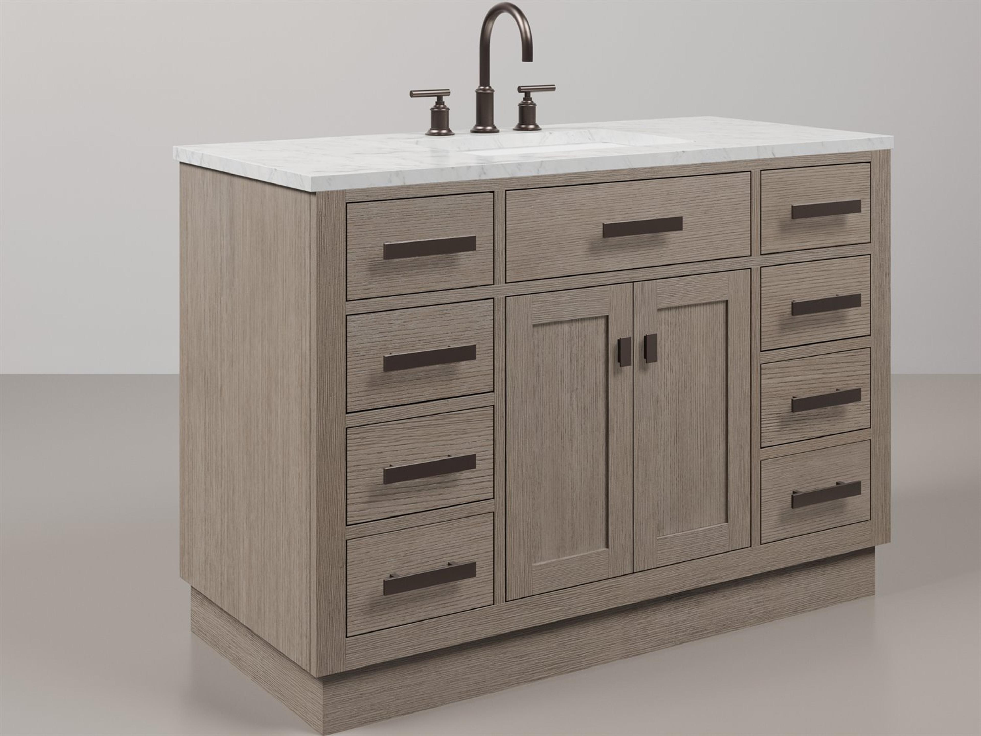 Water Creation Chestnut Single Sink Carrara White Marble Countertop Bath Vanity In Grey Oak with Oil Rubbed Bronze Hardware, Gooseneck Faucet and Rectangular Mirror (S)