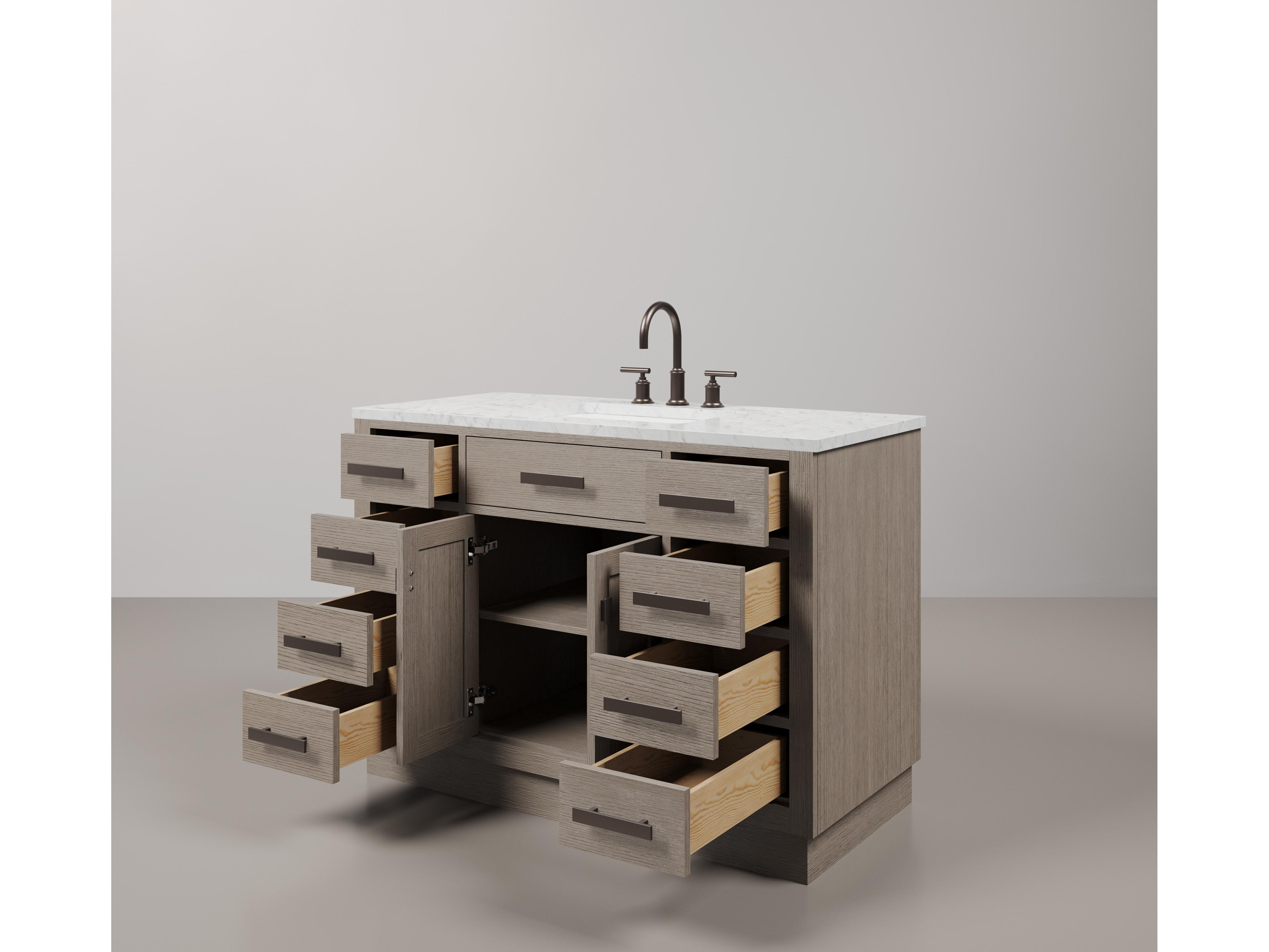 Water Creation Chestnut Single Sink Carrara White Marble Countertop Bath Vanity In Grey Oak with Oil Rubbed Bronze Hardware, Gooseneck Faucet and Rectangular Mirror (S)