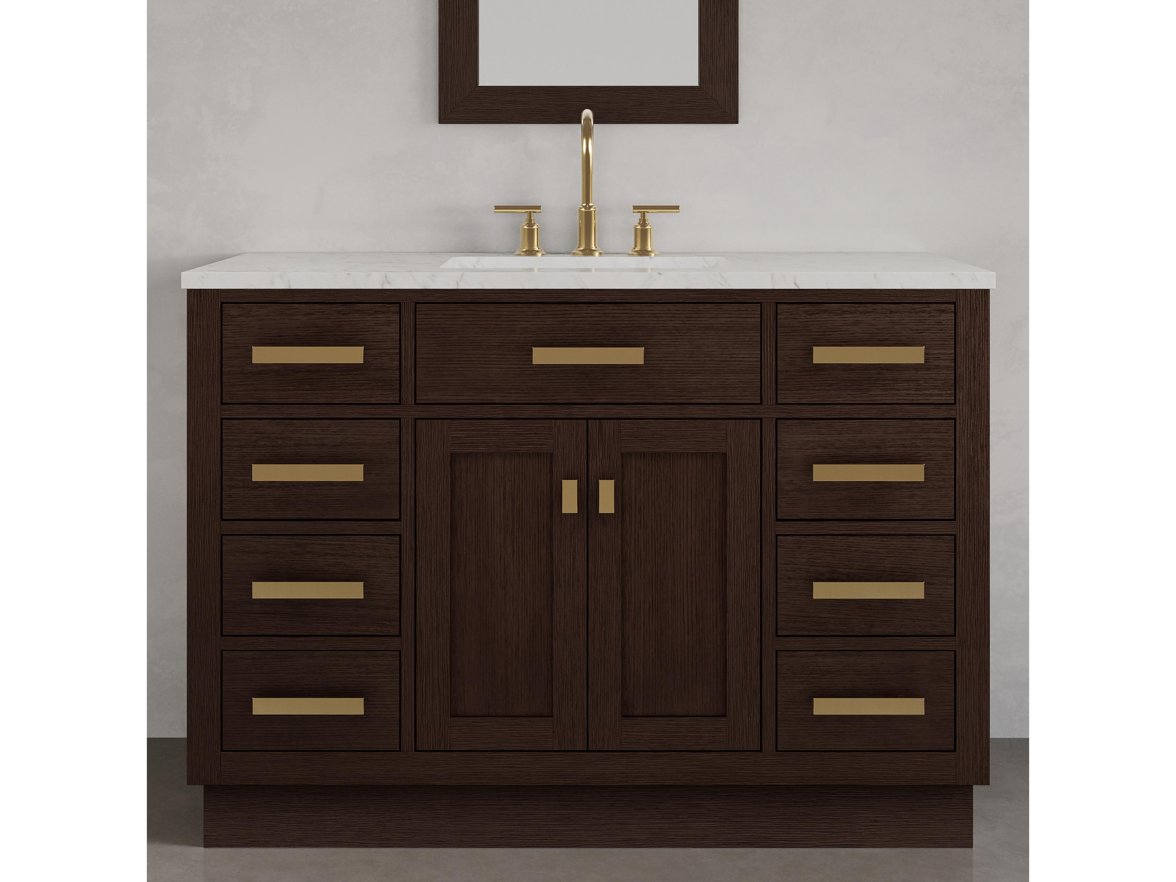 Water Creation Chestnut Single Sink Carrara White Marble Countertop Bath Vanity In Brown Oak with Satin Gold Hardware