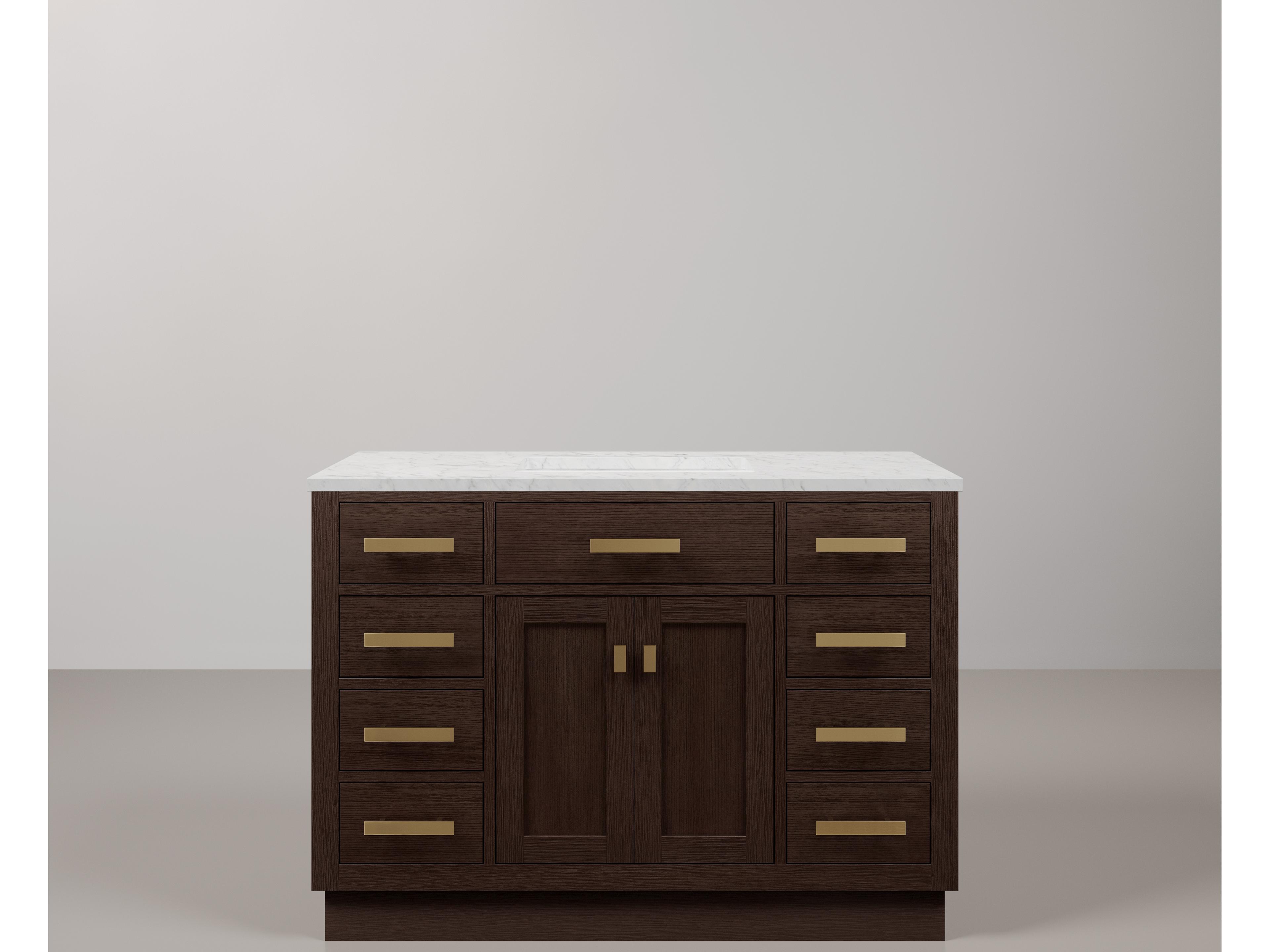 Water Creation Chestnut Single Sink Carrara White Marble Countertop Bath Vanity In Brown Oak with Satin Gold Hardware