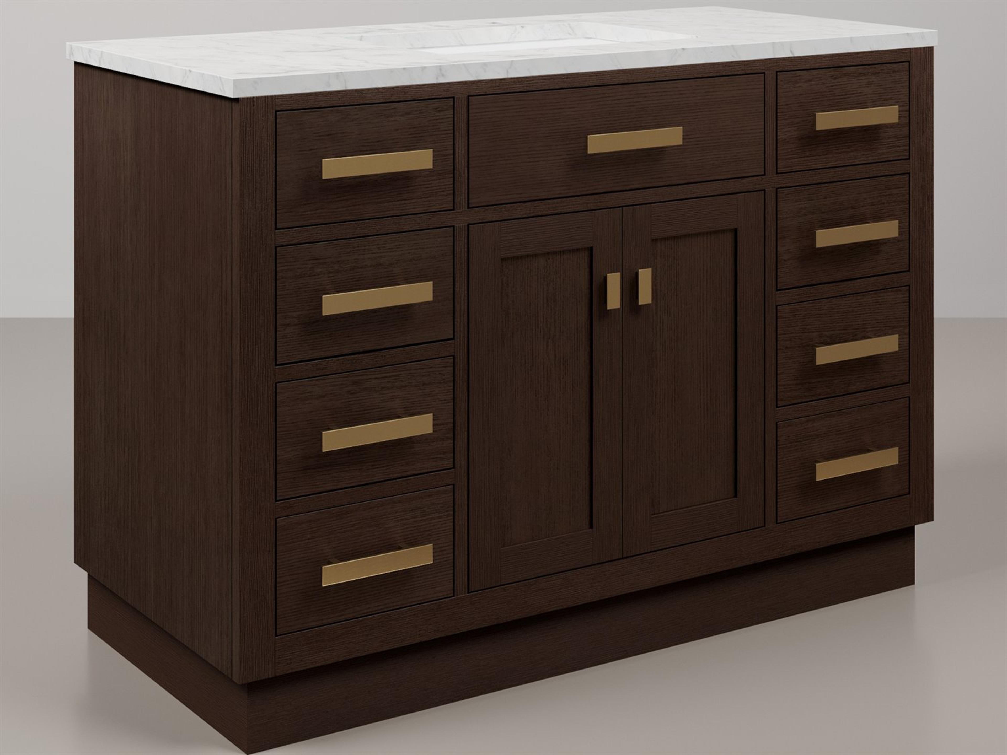 Chestnut Single Sink Carrara White Marble Countertop Bath Vanity In Brown Oak with Satin Gold Hardware