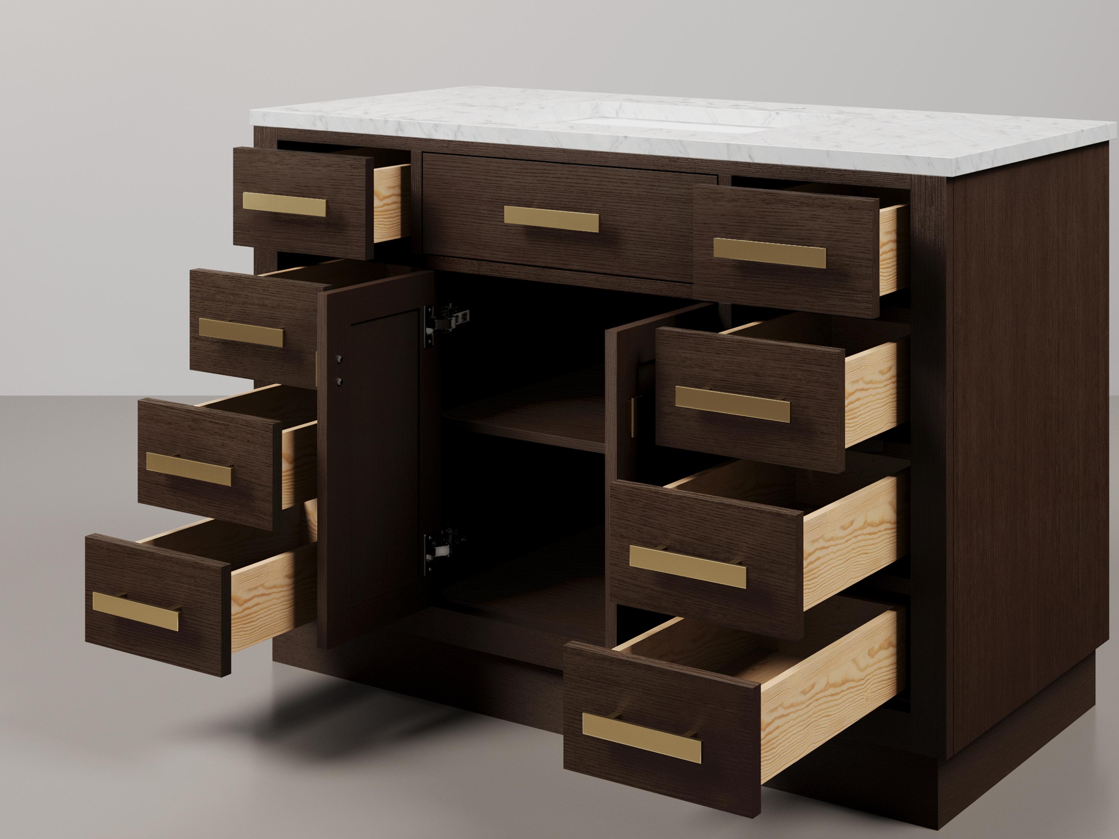 Water Creation Chestnut Single Sink Carrara White Marble Countertop Bath Vanity In Brown Oak with Satin Gold Hardware