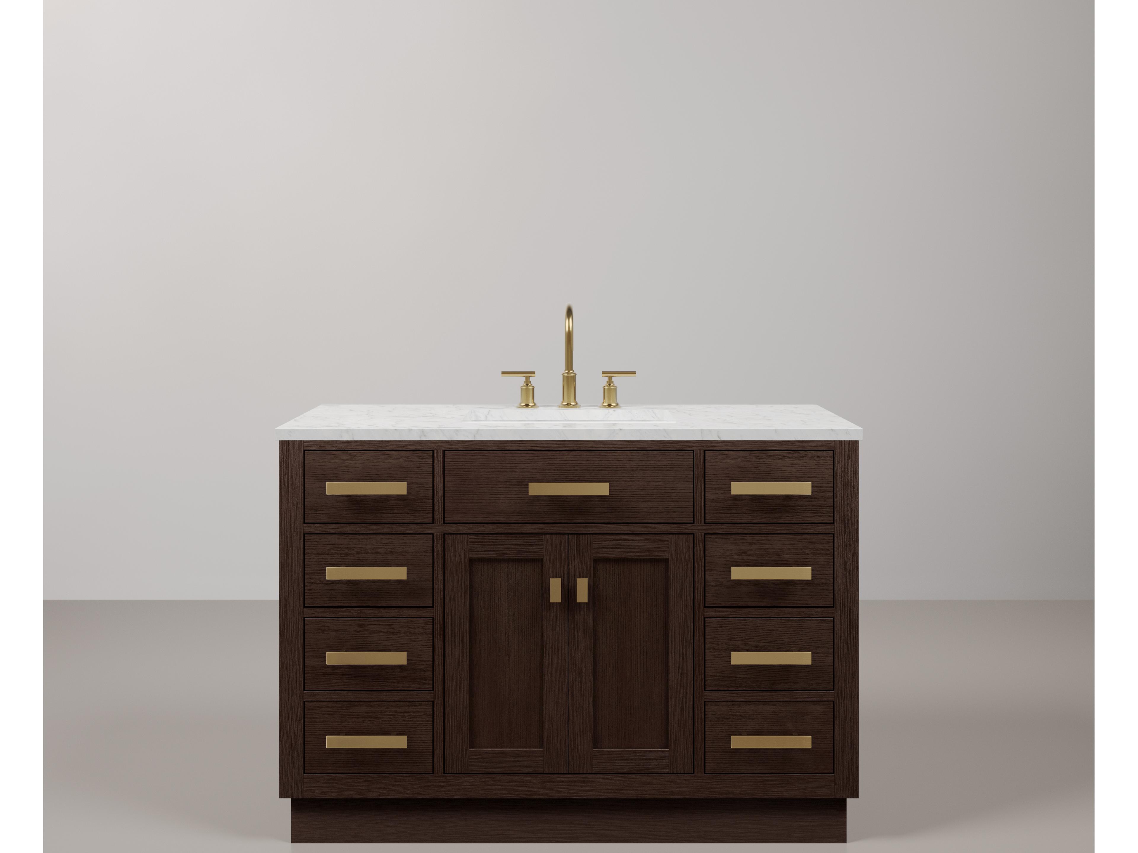 Water Creation Chestnut  Single Sink Carrara White Marble Countertop Bath Vanity In Brown Oak with Satin Gold Hardware and Gooseneck Faucet