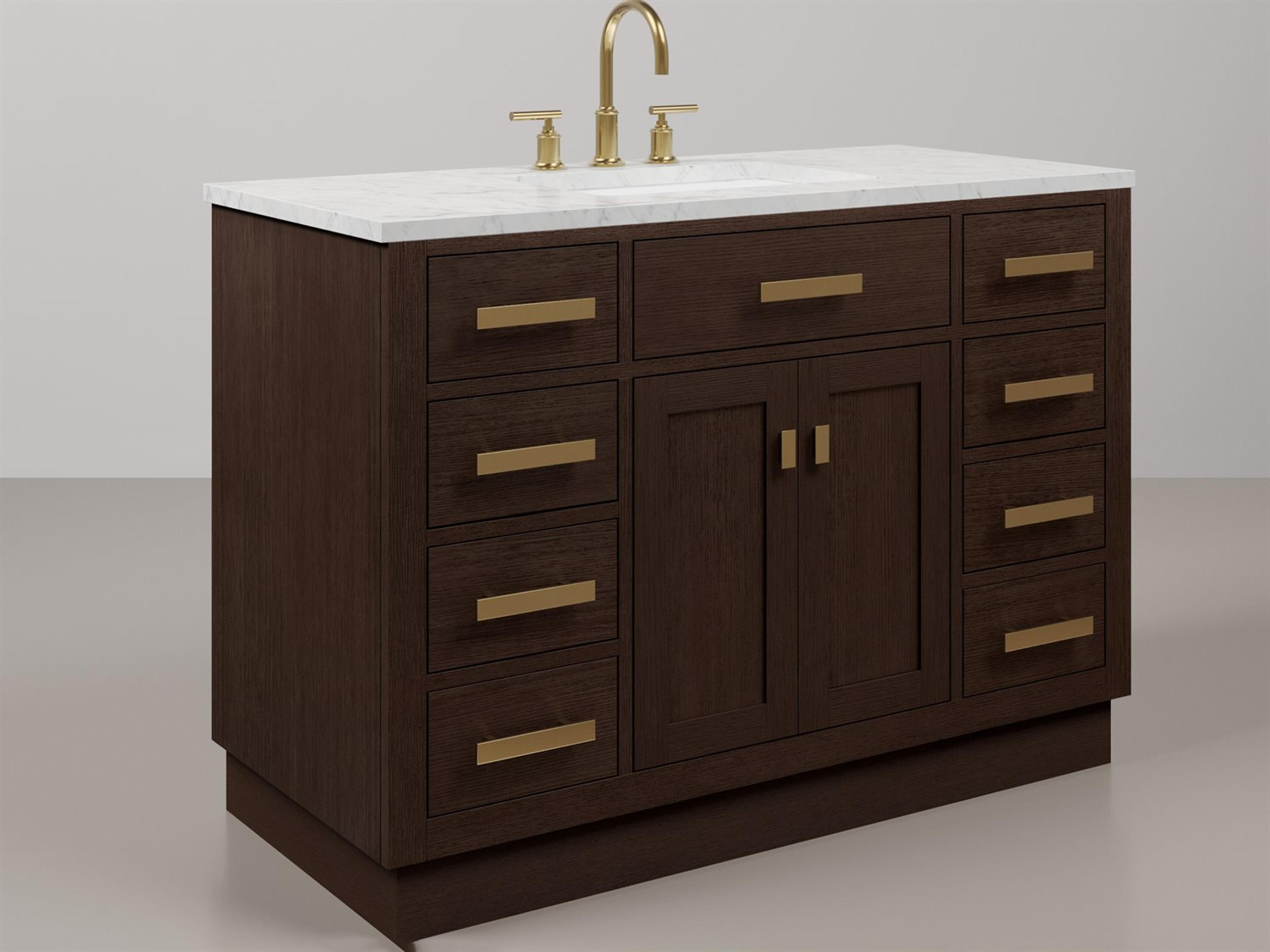 Chestnut  Single Sink Carrara White Marble Countertop Bath Vanity In Brown Oak with Satin Gold Hardware and Gooseneck Faucet