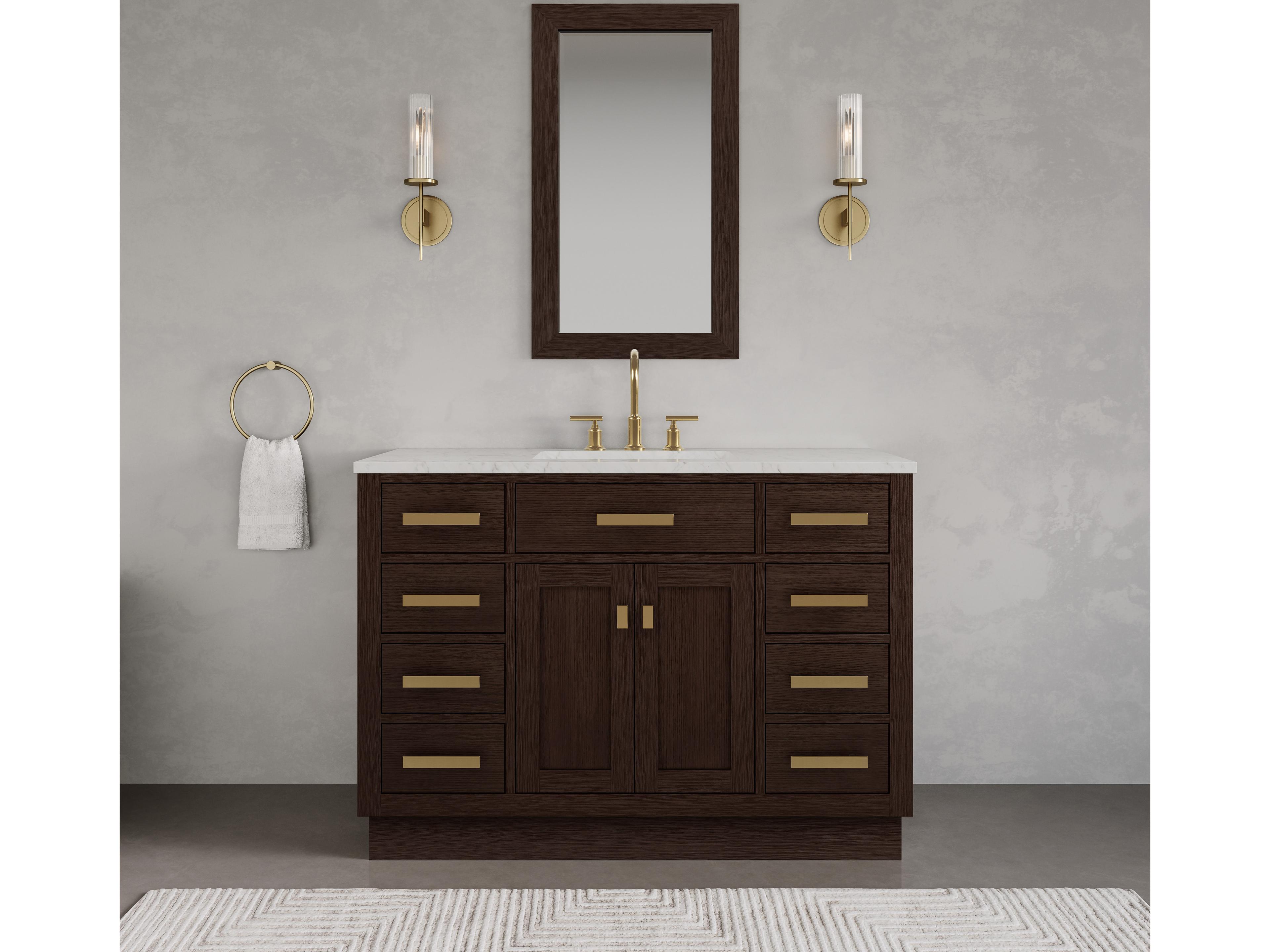 Water Creation Chestnut  Single Sink Carrara White Marble Countertop Bath Vanity In Brown Oak with Satin Gold Hardware and Rectangular Mirror (S)