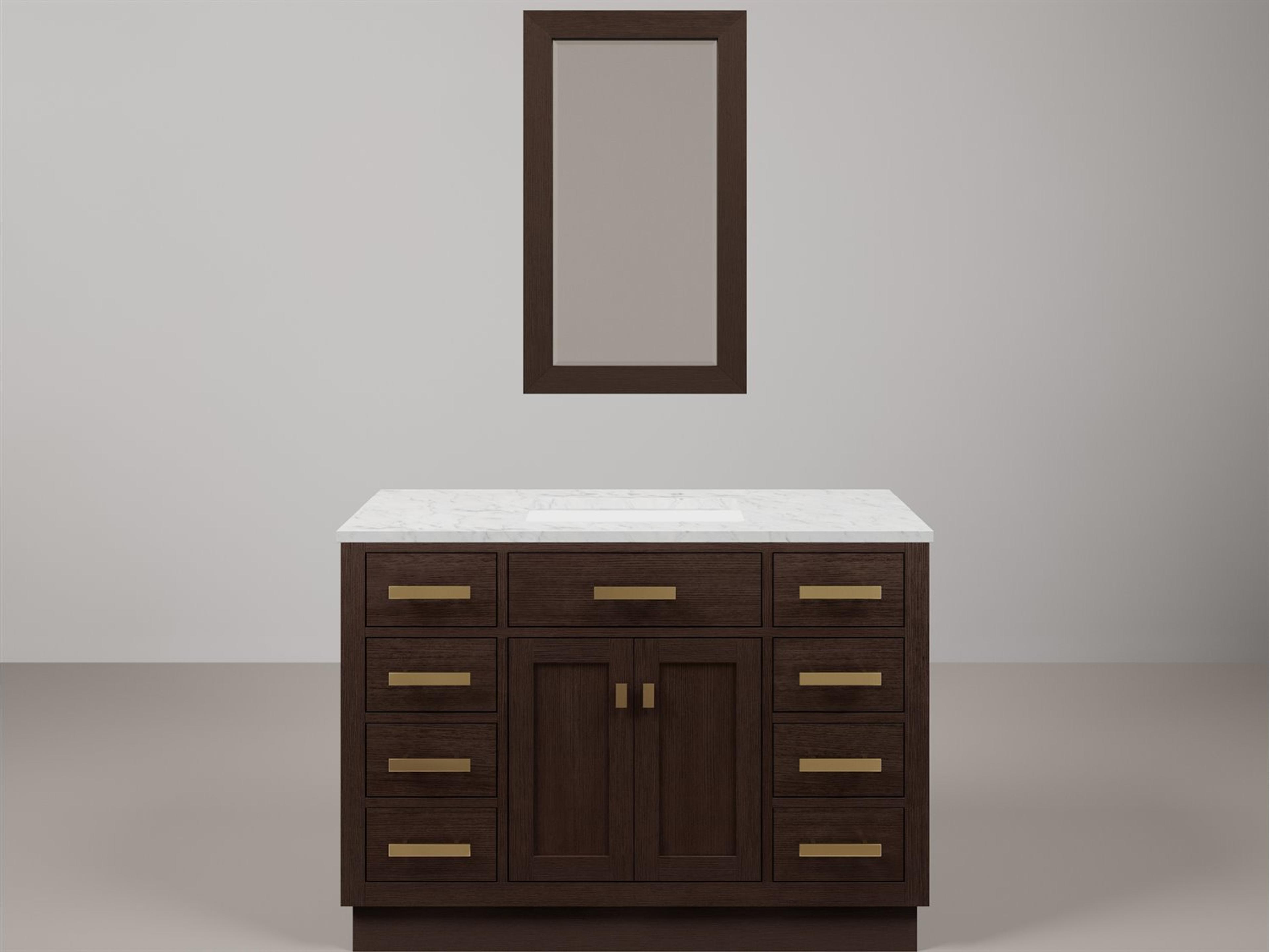 Chestnut  Single Sink Carrara White Marble Countertop Bath Vanity In Brown Oak with Satin Gold Hardware and Rectangular Mirror (S)