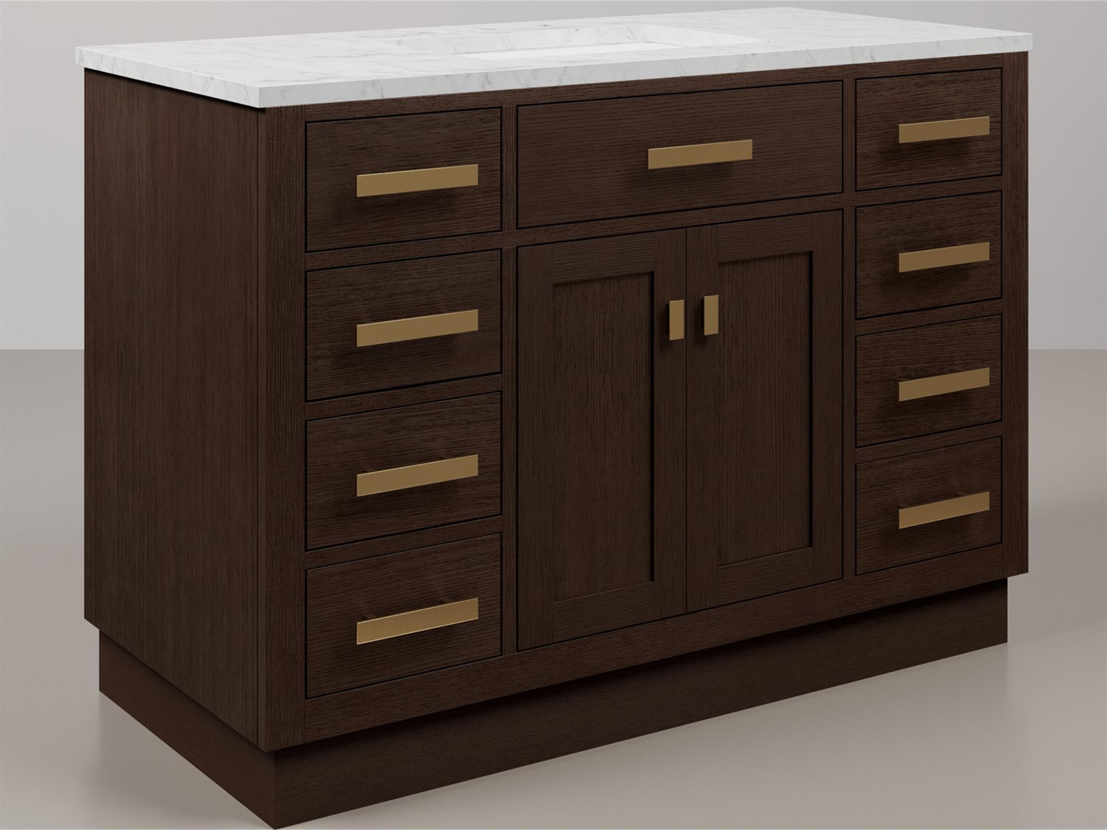 Water Creation Chestnut  Single Sink Carrara White Marble Countertop Bath Vanity In Brown Oak with Satin Gold Hardware and Rectangular Mirror (S)