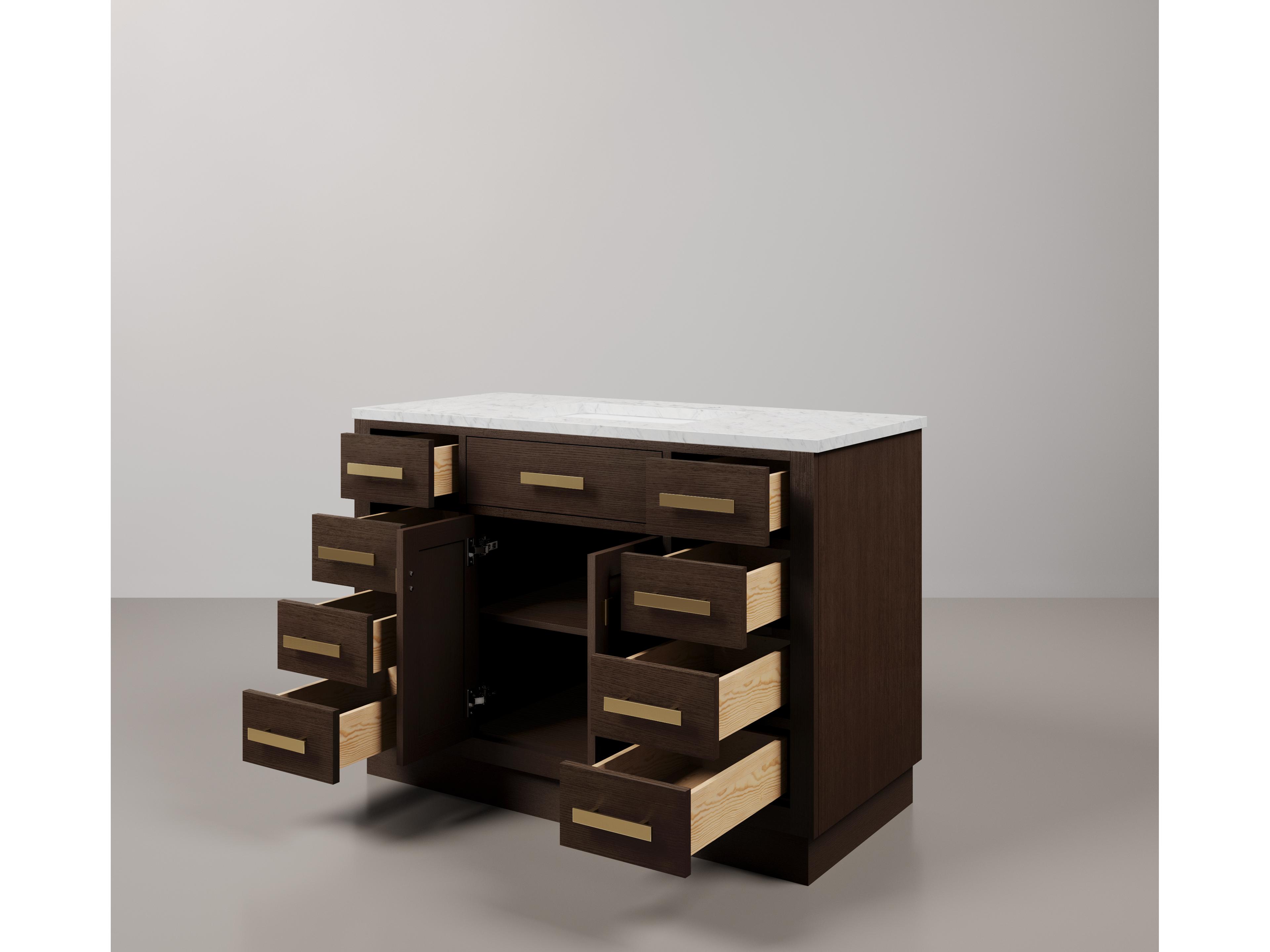 Water Creation Chestnut  Single Sink Carrara White Marble Countertop Bath Vanity In Brown Oak with Satin Gold Hardware and Rectangular Mirror (S)