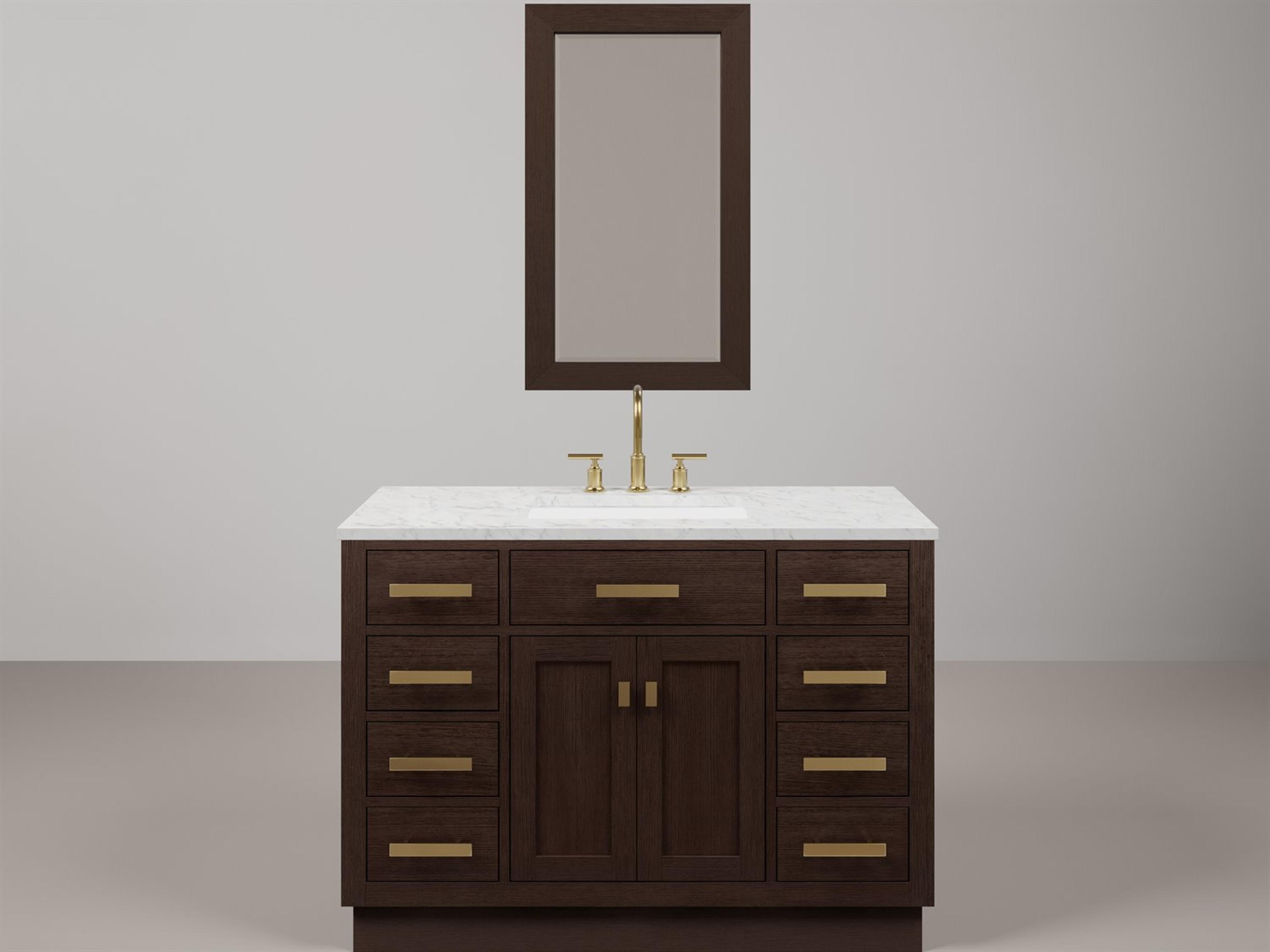 Chestnu Single Sink Carrara White Marble Countertop Bath Vanity In Brown Oak with Satin Gold Hardware, Gooseneck Faucet and Rectangular Mirror (S)