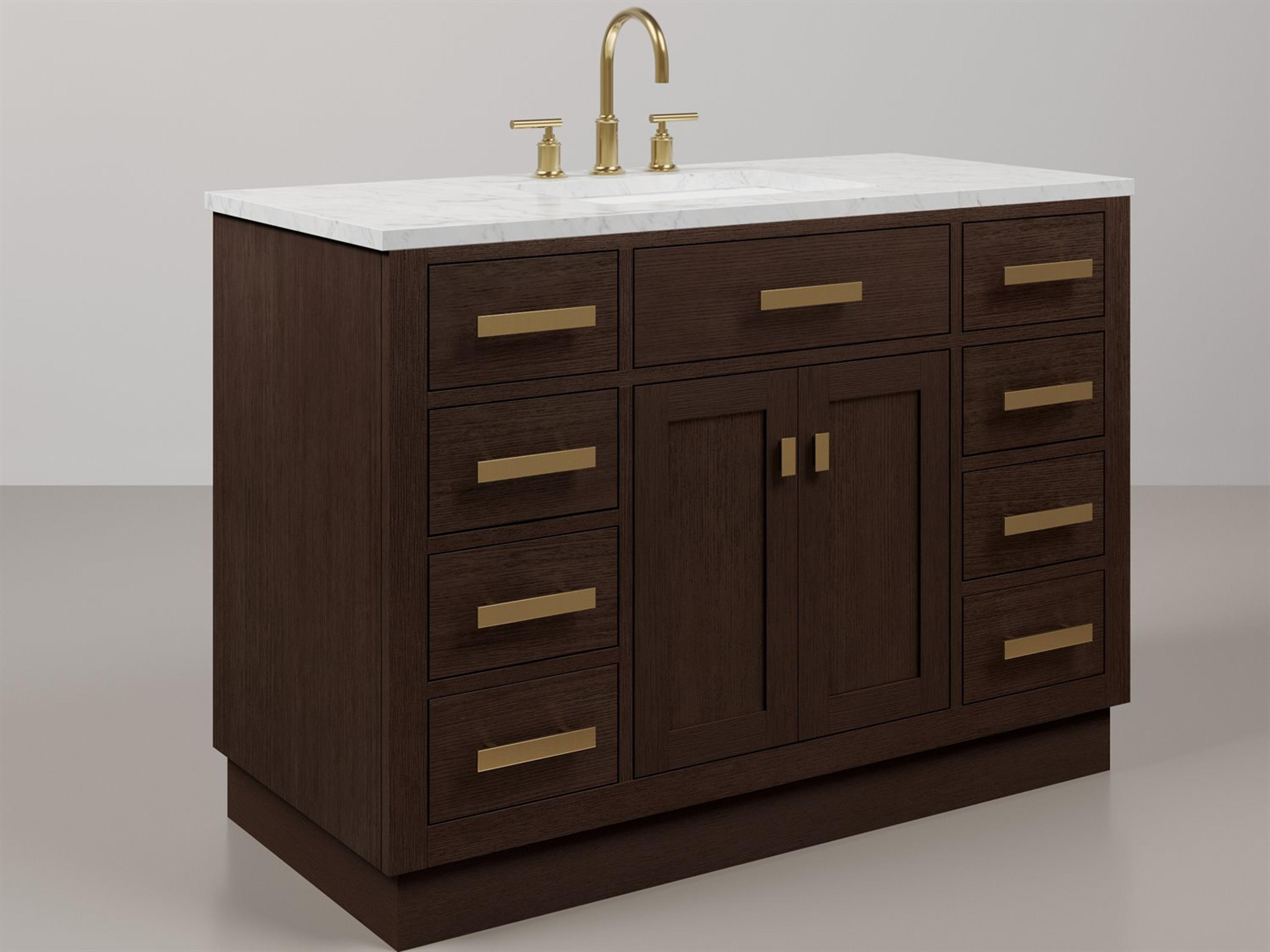 Water Creation Chestnu Single Sink Carrara White Marble Countertop Bath Vanity In Brown Oak with Satin Gold Hardware, Gooseneck Faucet and Rectangular Mirror (S)