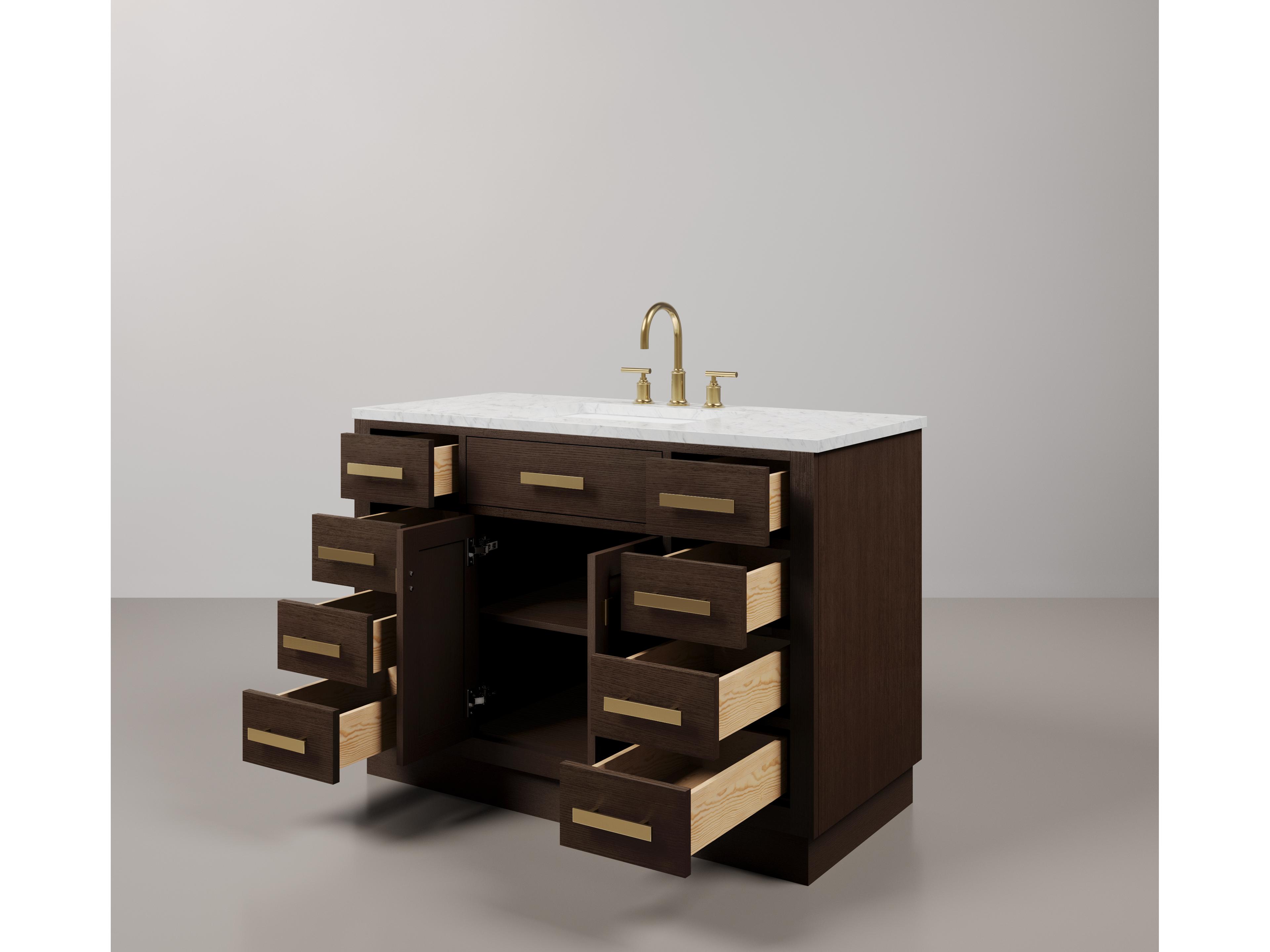 Water Creation Chestnu Single Sink Carrara White Marble Countertop Bath Vanity In Brown Oak with Satin Gold Hardware, Gooseneck Faucet and Rectangular Mirror (S)