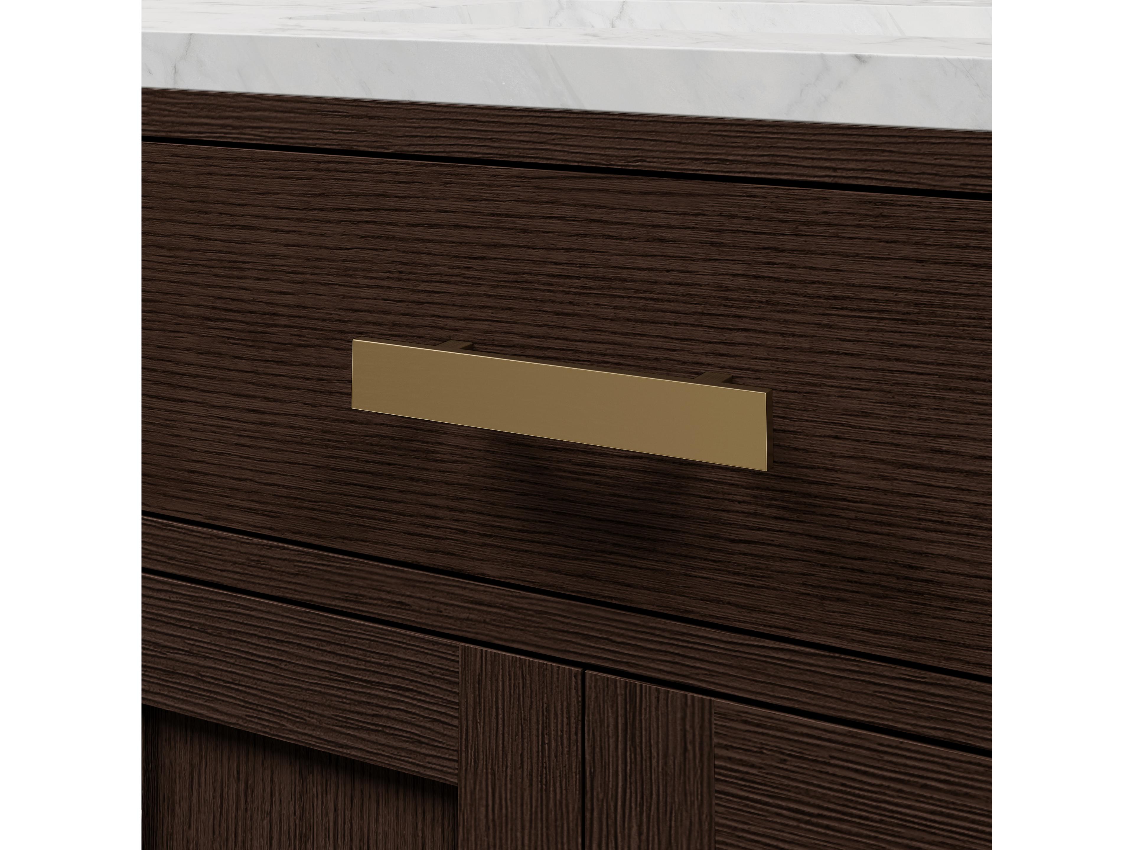 Water Creation Chestnu Single Sink Carrara White Marble Countertop Bath Vanity In Brown Oak with Satin Gold Hardware, Gooseneck Faucet and Rectangular Mirror (S)